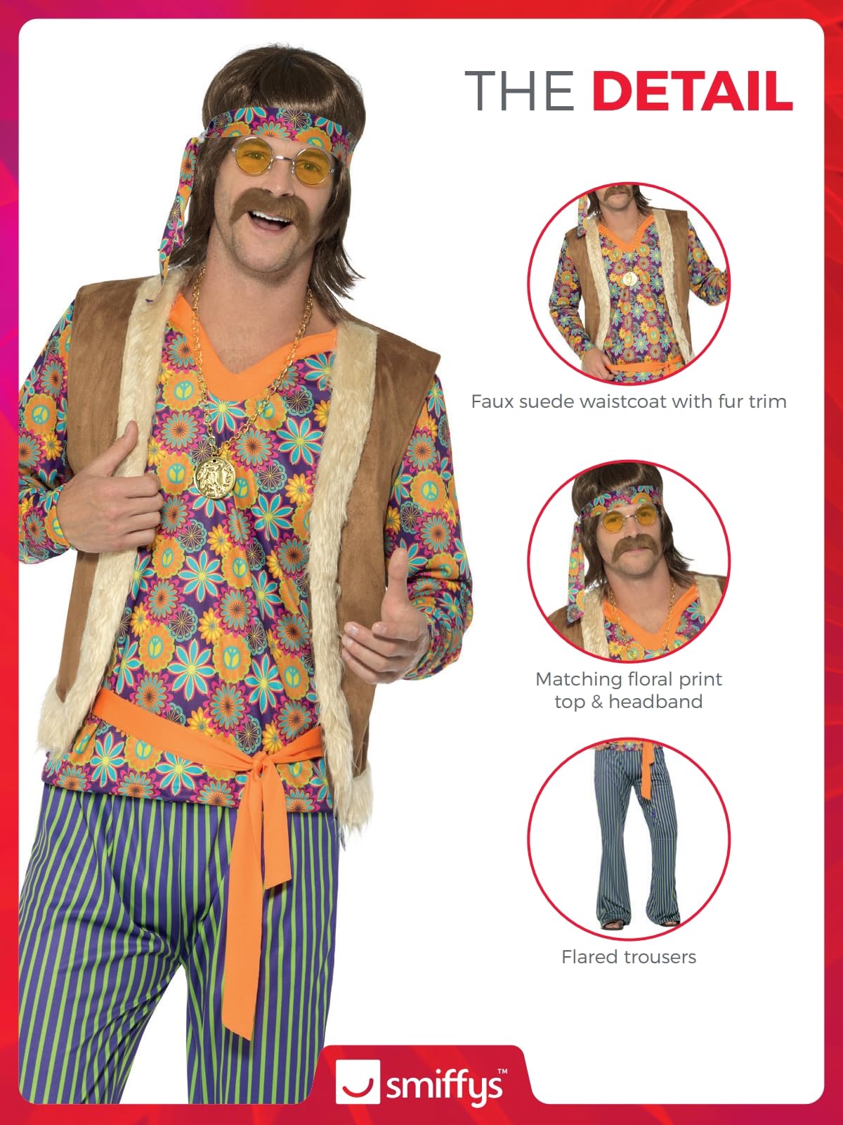 Smiffys - Herren 60er Jahre Sänger Kostüm, Oberteil, Weste, Hose, Gürtel und Kopfband, mehrfarbig Halloween