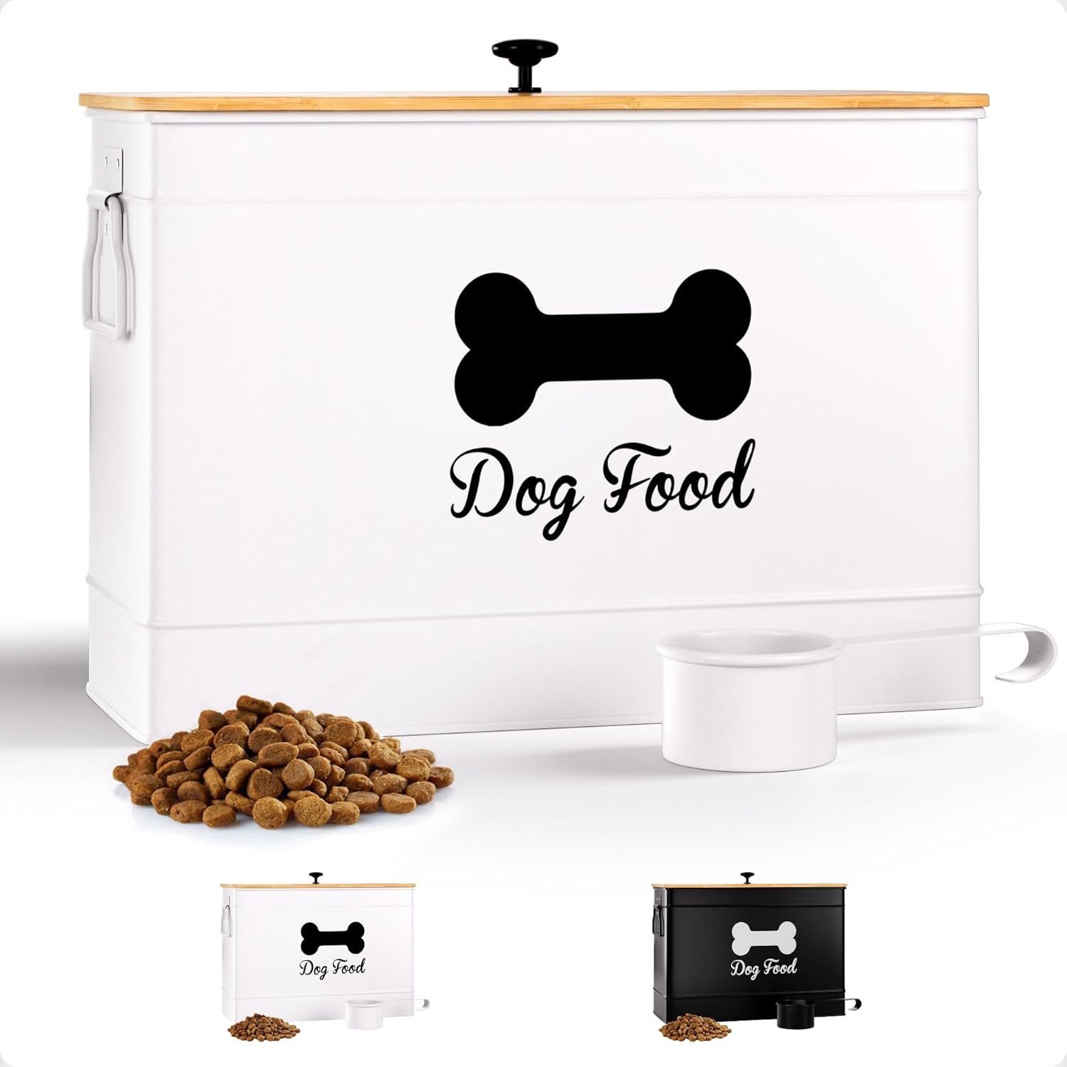 Dog Food Container Airtight 15 lb (50 Cup) Capacity with Metal Scoop - Cute Airtight Dog Food Storage Container with Bamboo Lid - White Metal Kibble Storage Bin for Dogs up to...