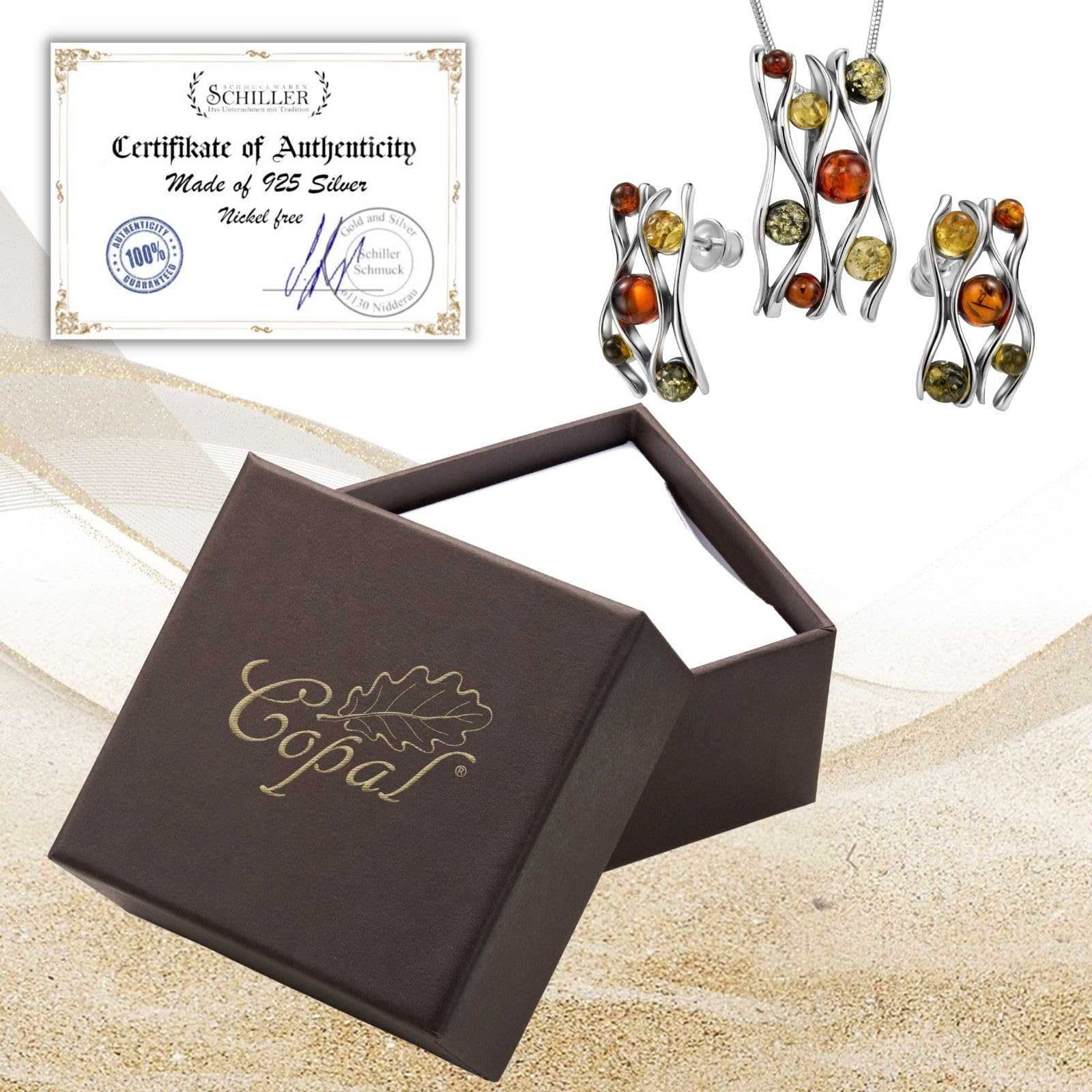 Copal Einzigartiges Bernstein-Schmuckset Aus Sterling Silber Mit Verstellbarer Kette