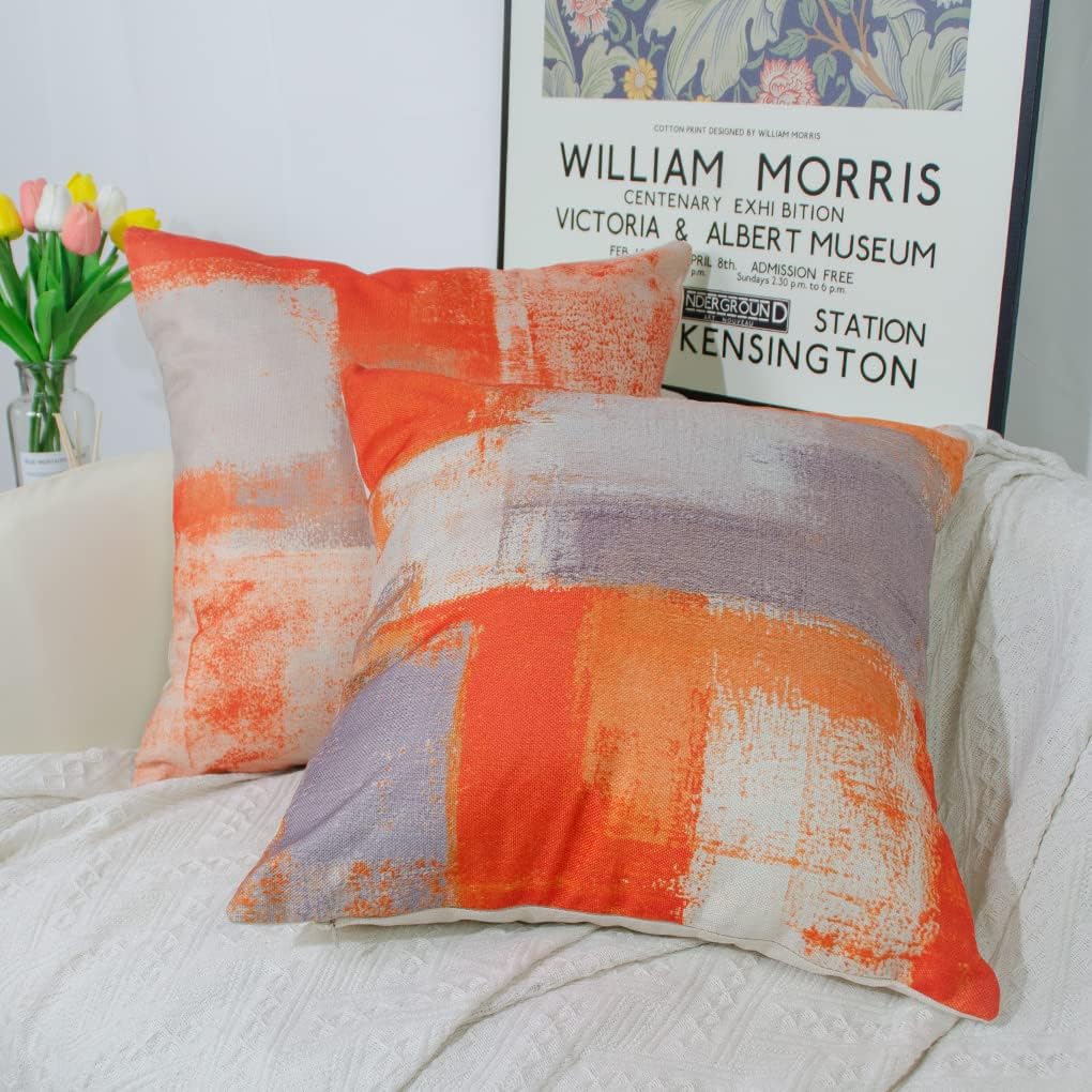 Orange Grey Cushion Covers 45 x 45 cm Set of 4 Decorative Cushions Modern Sofa Cushion Linen Cushion Cover Abstract Painting Decorative Cushion Aesthetic Couch Cushion Cuddly Cushion for Sofa Living