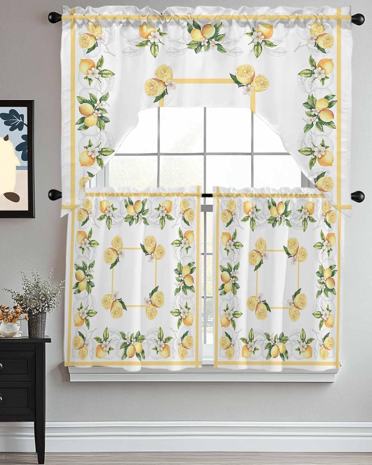 Lemon Watercolor Swag Kitchen Curtain Sets with Valance, 3 Pieces Rod Pocket Curtain Drapes for Bedroom Living Room Bathroom Cafe Windows, Summer Fruit White Green 56''x36'' & 24''x27.5''x2Panels