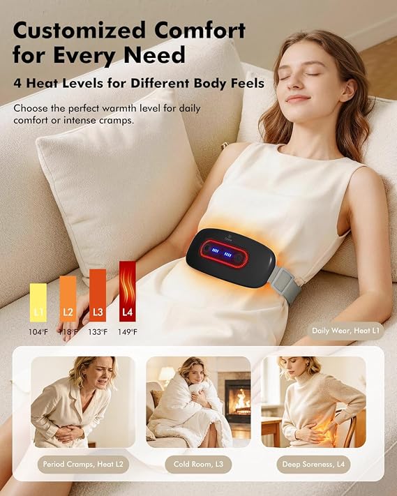 Portable Cordless Menstrual Heating Pad with 4 Heat Levels and 4 Massage Modes,Electric, Fast Large Heating Belly Wrap Belt (Black)