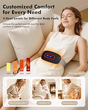 Portable Cordless Menstrual Heating Pad with 4 Heat Levels and 4 Massage Modes,Electric, Fast Large Heating Belly Wrap Belt (Black)