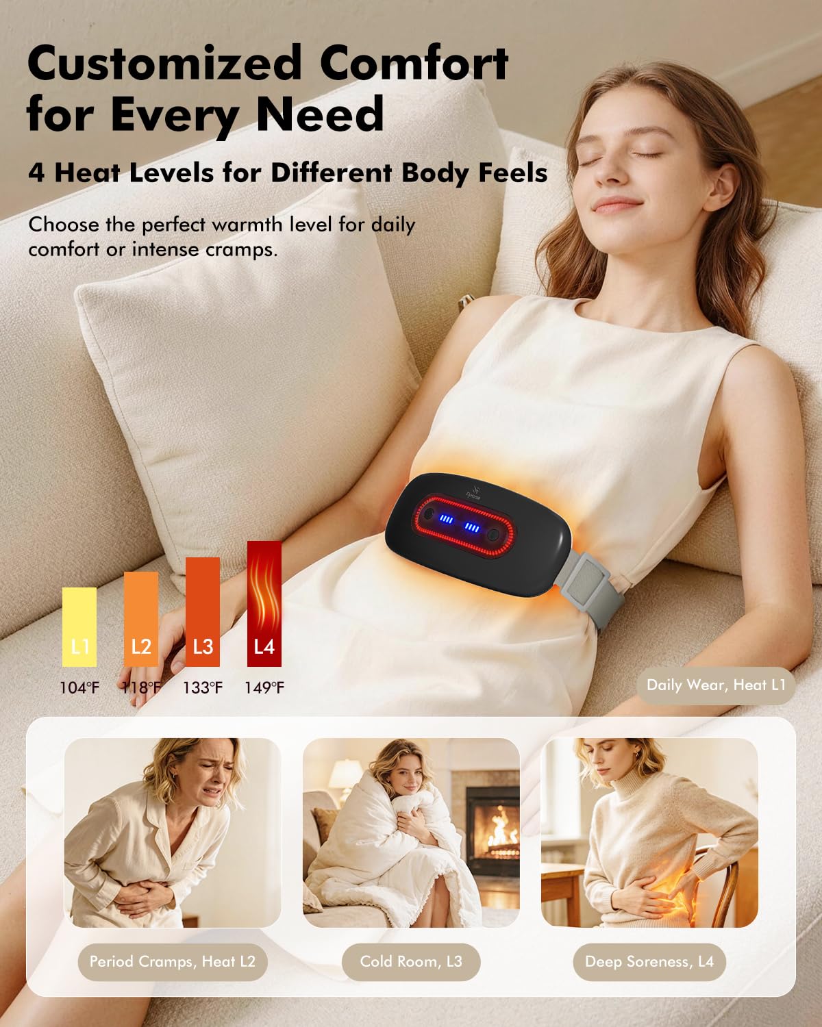 Almohadilla de calefacción eléctrica, almohadilla de calefacción menstrual portátil inalámbrica con 4 niveles de calor y 4 modos de masaje, cinturón de calentamiento rápido grande para el vientre