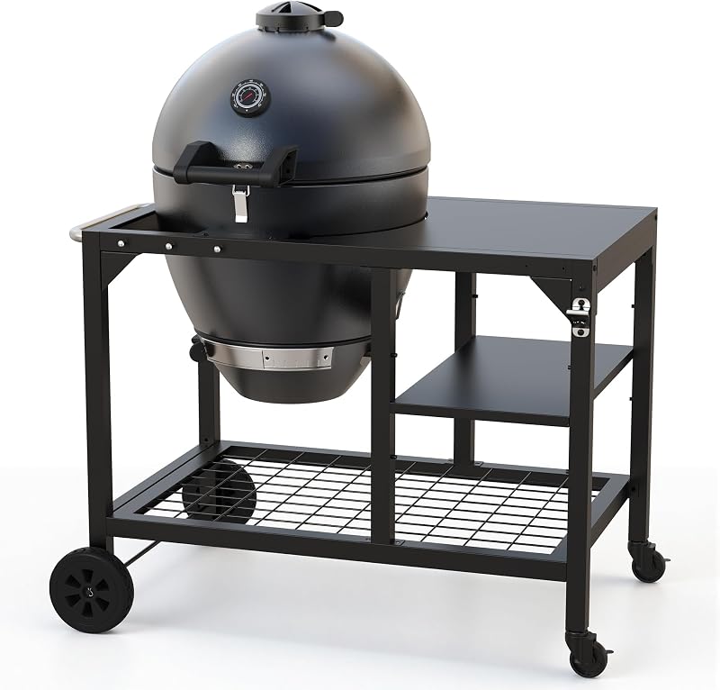 Parrilla y ahumador de carbón Kamado Brand-Man Steel | Rejillas de hierro fundido de 22", carrito de mesa de preparación grande, ideal para cocinar al aire libre
