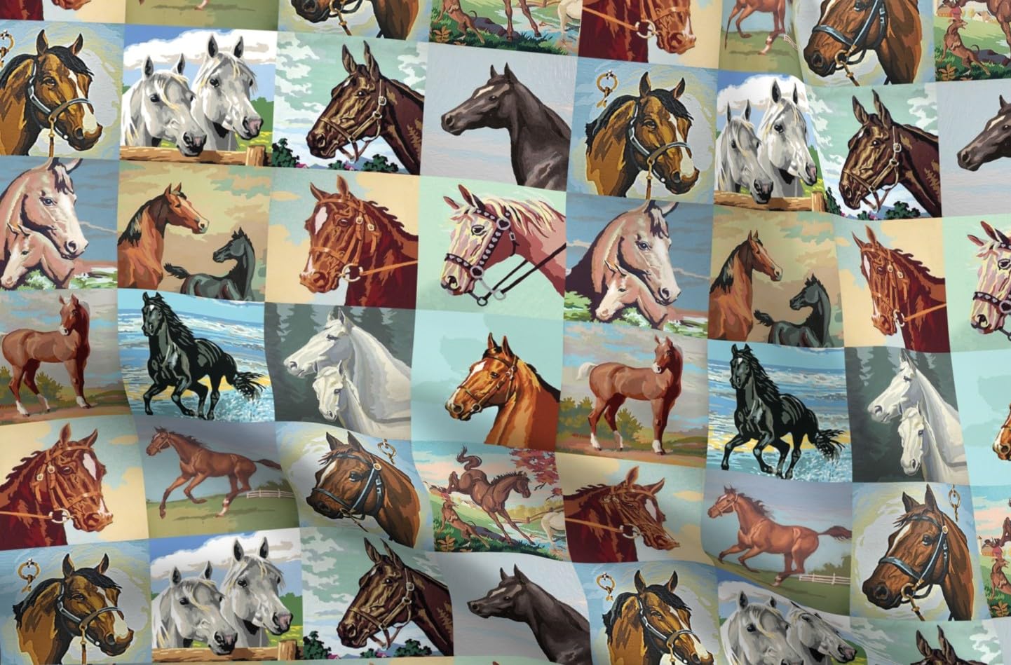 Spoonflower Fabric - Horses Western Cowboy Cowgirl Painted Rustic Equine Printed on Petal Signature Cotton Fabric Fat Quarter - Sewing Quilting Apparel Crafts Decor