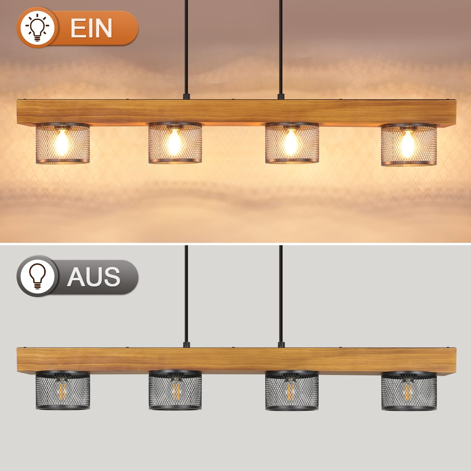 ZMH Vintage Pendelleuchte Holz Hängelampe esstisch 4 flammig mit Holzbalken | Schwarz Hängeleuchte retro Esstischlampe E14 Esszimmerlampe aus Metall für Küche Wohnzimmer Esszimmer (Ohne Leuchtmittel)