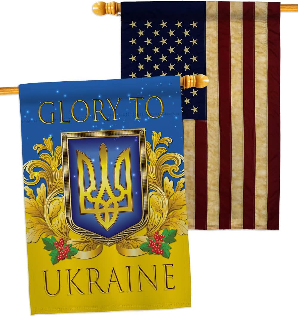 Glory to Ukraine Garden Flag Set Wall Holder Support Cause Stand with Ukrainian Small Decorative Gift Yard House Banner Double-Sided Made in USA 13 X 18.5