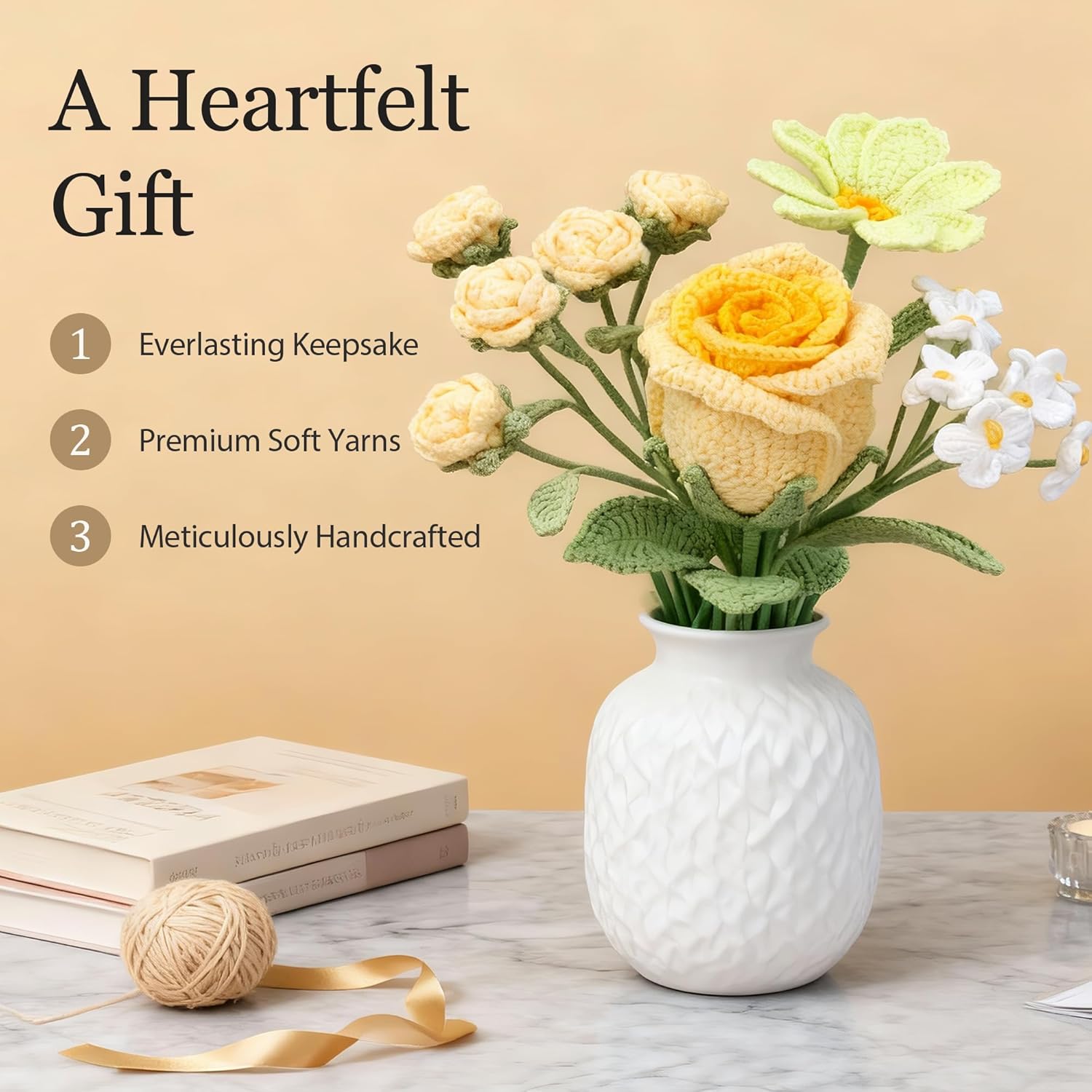 Yellow Crochet Flower Bouquet, Finished Handmade Rose and Forget-Me-Not, Soft Knitted Forever Flowers for Graduation, Birthday Gift for Women, with Gift Card - Image 6