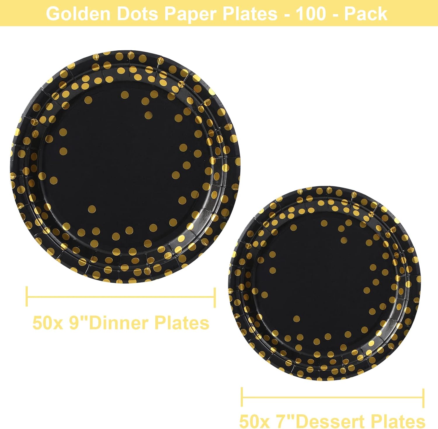Birthdayparties Round Disposable Paper Plates for All Occasions Golden Dots Paper Plates - 100 Pack - 50 x 9 and 50 x 7 Foil Polka Dots Disposable Black and Gold Party Supplies