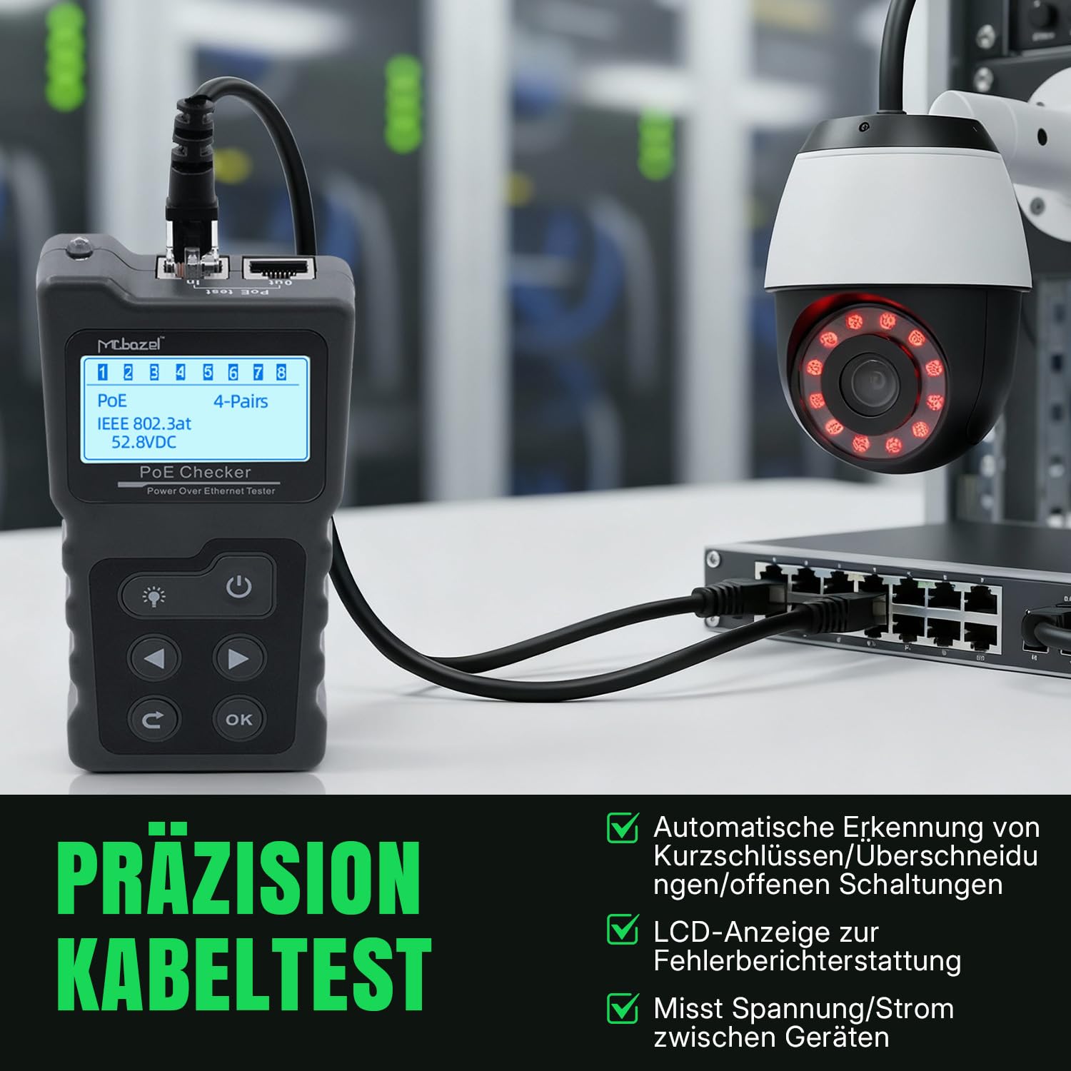 Multifunktions Kabeltester: RJ45 Netzwerktester mit PoE, Kontinuitätstest, Spannungsmessung & LED-Beleuchtung - Ideal für CAT5e/CAT6/CAT6a Ethernet Kabel