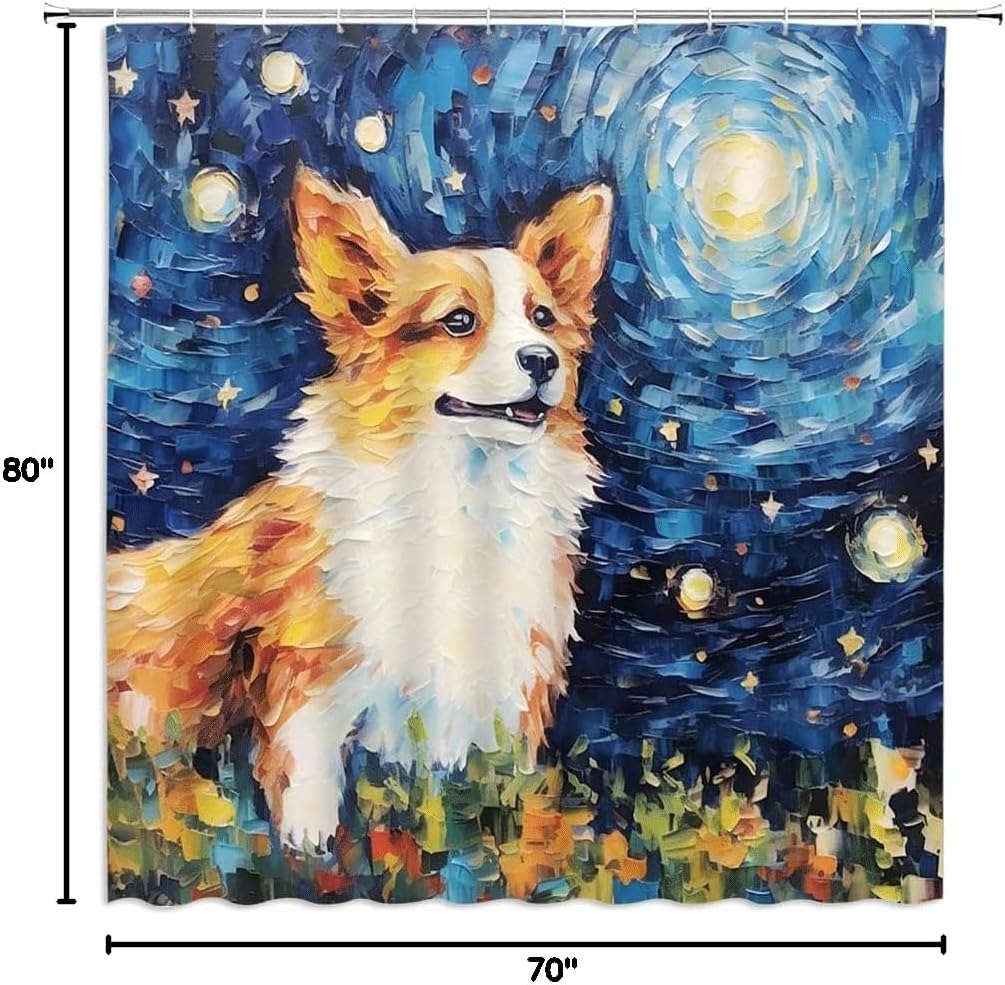 Cute Dog Shower Curtain Funny Smiling Corgi Starry Night Star Oil Painting Rustic Fabric Bathroom Decor Curtains with Hooks,70 x 80