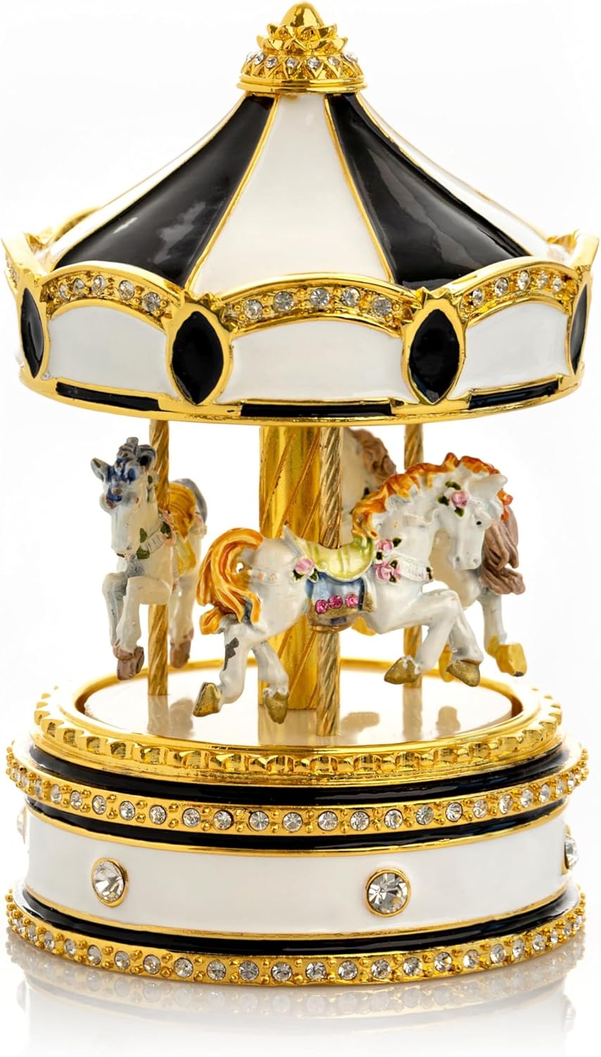 Keren Kopal Black Musical Carousel with Spinning Royal Horses, Enamel with Austrian Crystals, 24K Gold Plated, Handmade Trinket Box