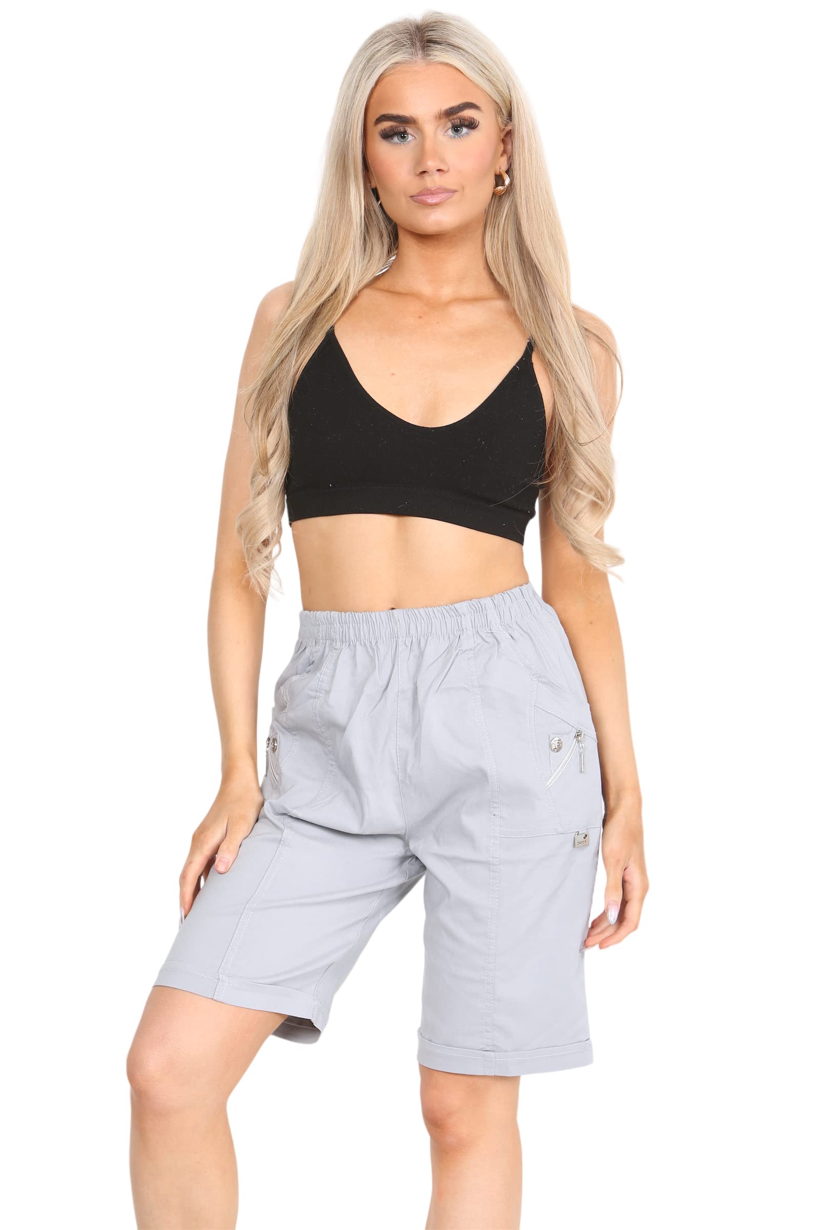Women’s Cotton Mix Plain Cherry Berry Summer Shorts – Ladies Capri Length Elasticated Pull-on Waist Summer Shorts- Beach Shorts Plus Size 8-20 (as8, Numeric, Numeric_10, Regular, Regular, Grey)