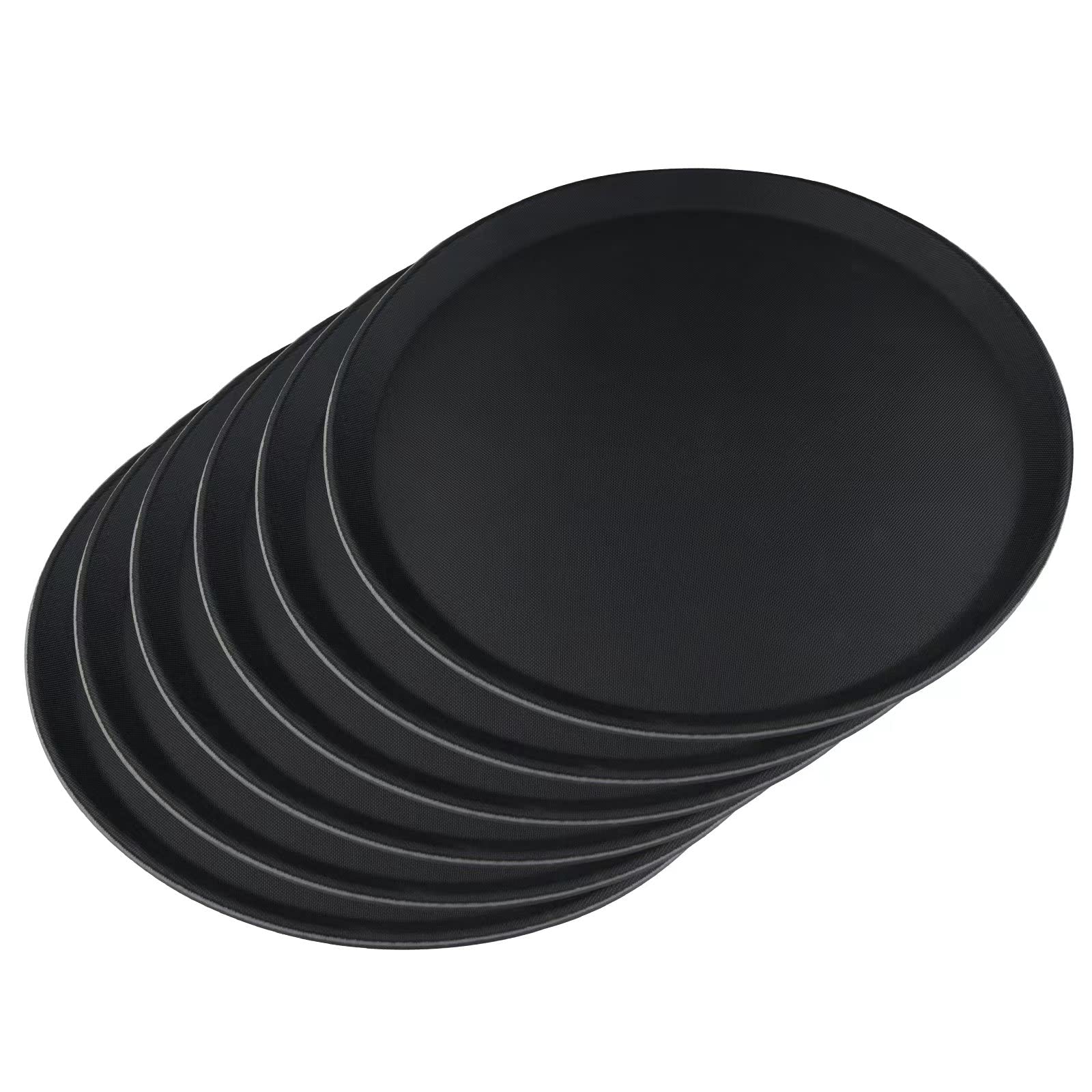 Paquete de 6 bandejas de comida rápida de 14 pulgadas, bandejas redondas antideslizantes para servir, fibra de vidrio, para mesa de café, cocina, fiesta, color negro