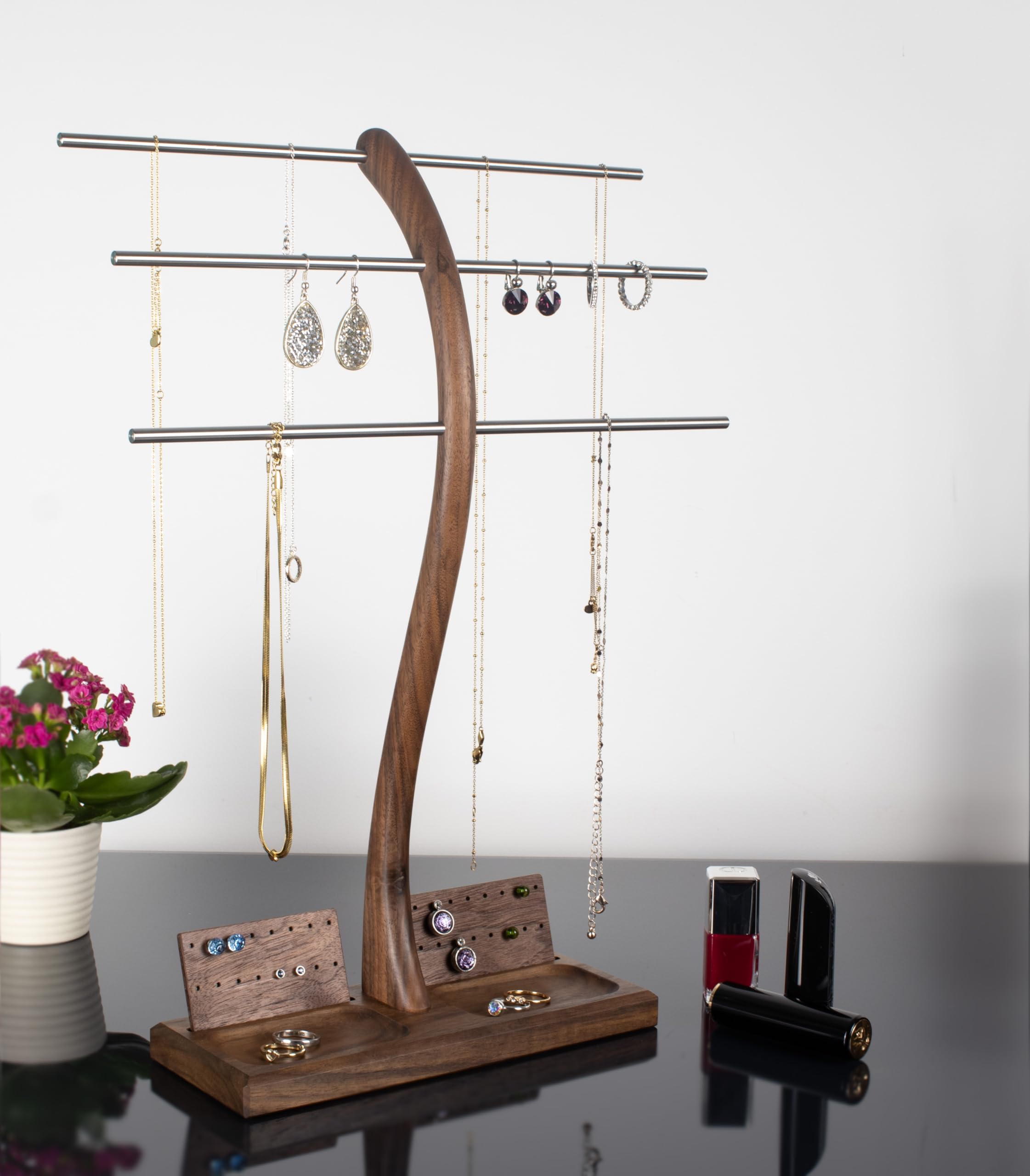 Wood-and-Steel-Design Schmuckhalter aus Nussbaumholz, 3 Ebenen