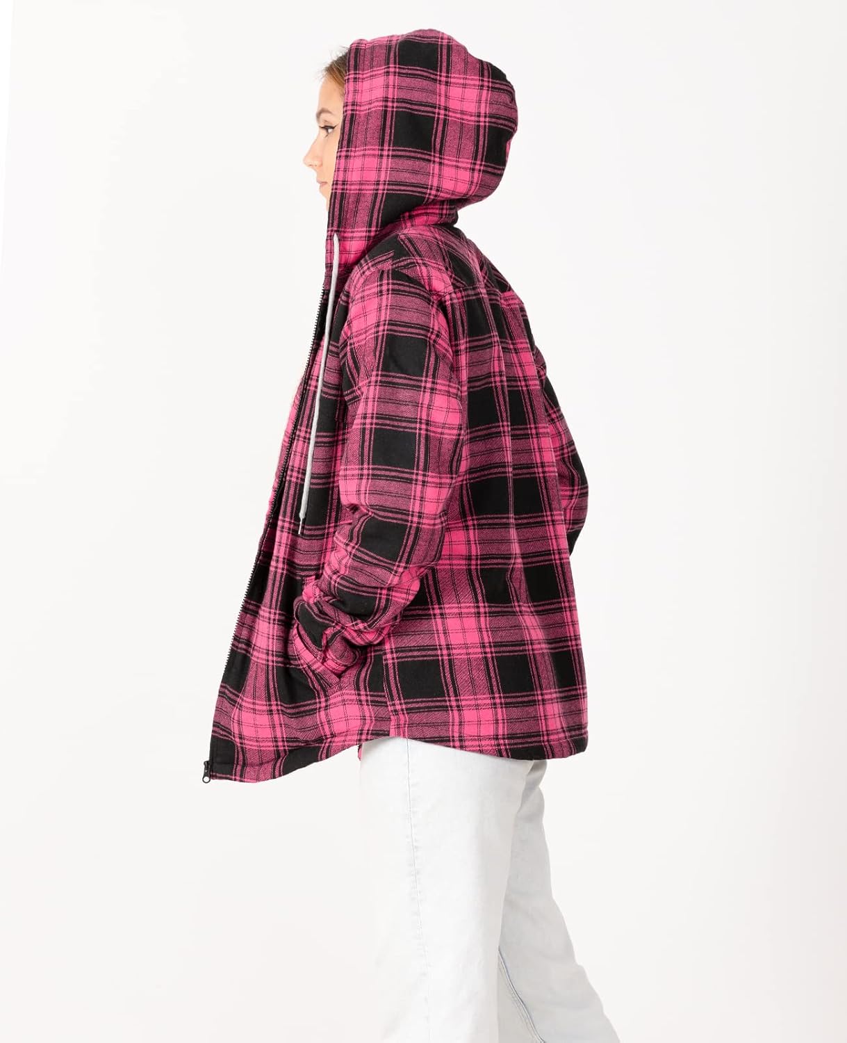 ZENTHACE Womens Sherpa Lined Flannel Jacket Winter Full Zip Up Hooded Plaid Shacket with Side Pockets