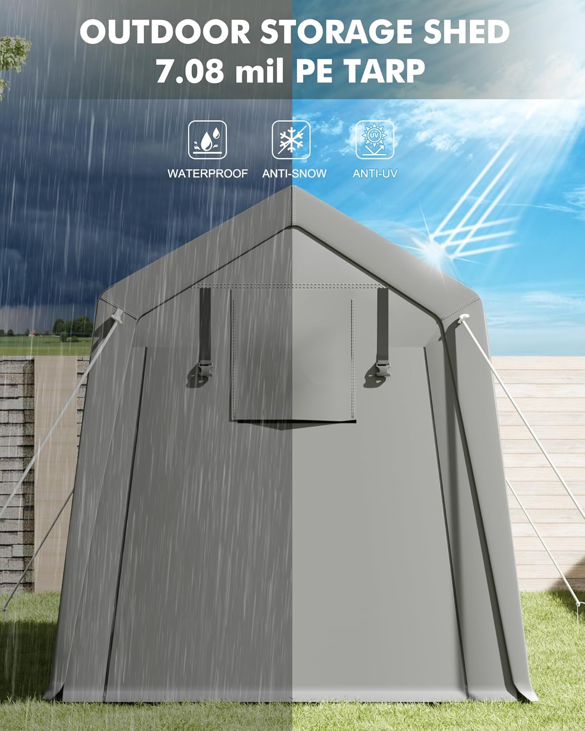 7 x 12 ft Carport Storage Shed, Shelter Logic with 2 Roll-up Zipper Door, Heavy Duty Waterproof Tarp, Storage Tent for Motorcycle, Bike, Garden Tools, Firewood - Image 4