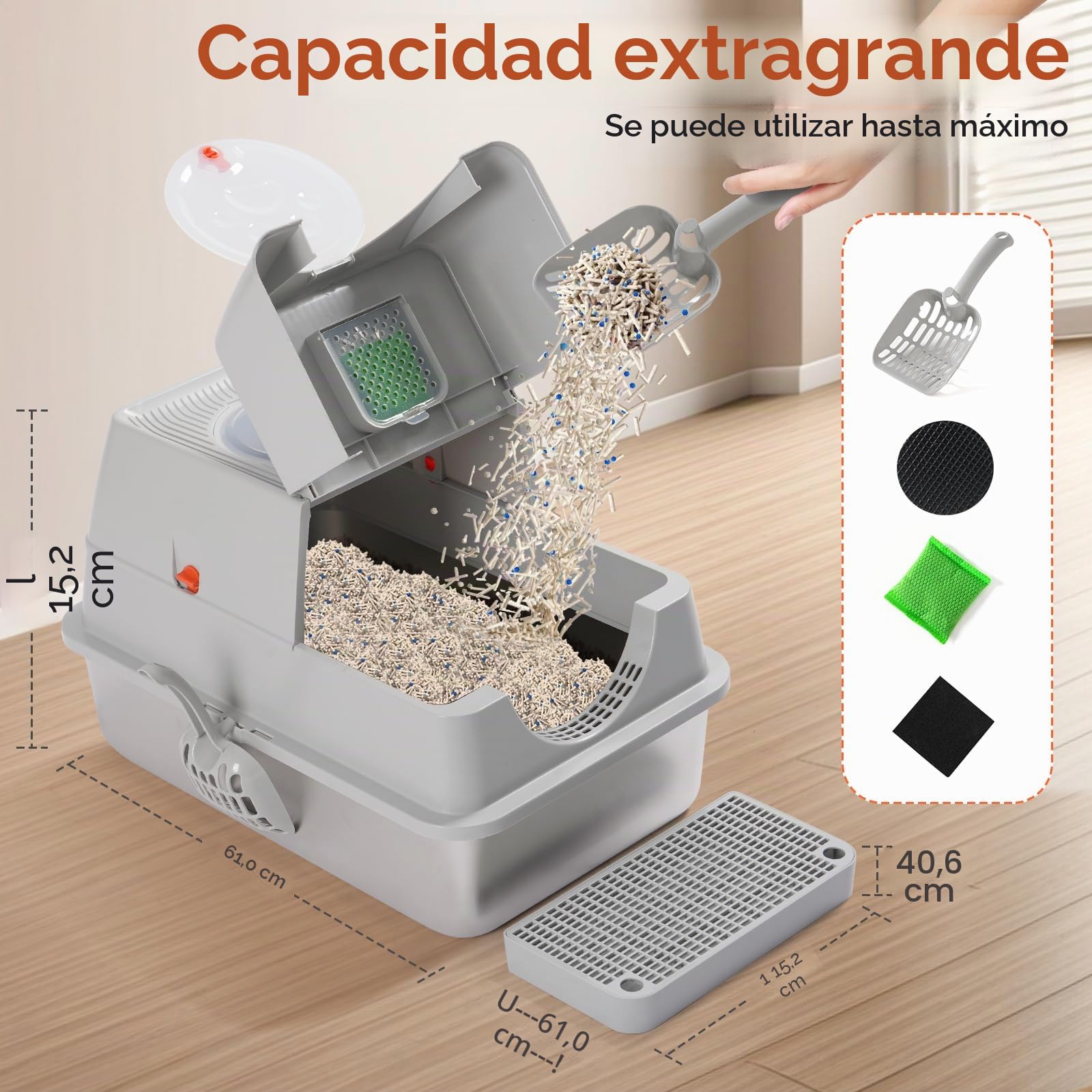 Arenero para gatos de acero inoxidable - Cubierto, adecuado para gatos pequeños, medianos y grandes, fácil de limpiar, control de olores, superficie antiadherente, extraíble, tapa abatible de 180°
