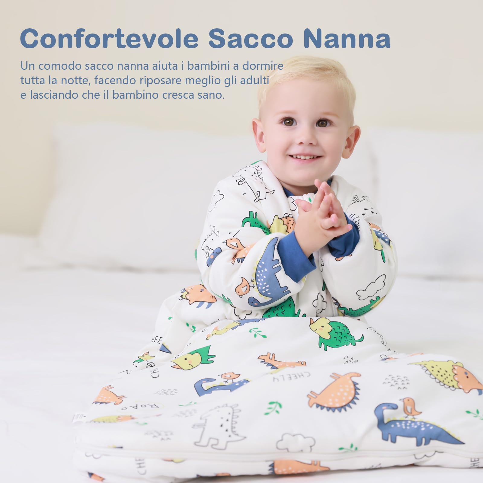 MIKAFEN Sacco nanna invernale per bambini 3,5 tog con maniche rimovibili, 100% cotone sacco a pelo con braccia,Dinosauro verde 14-24 mesi