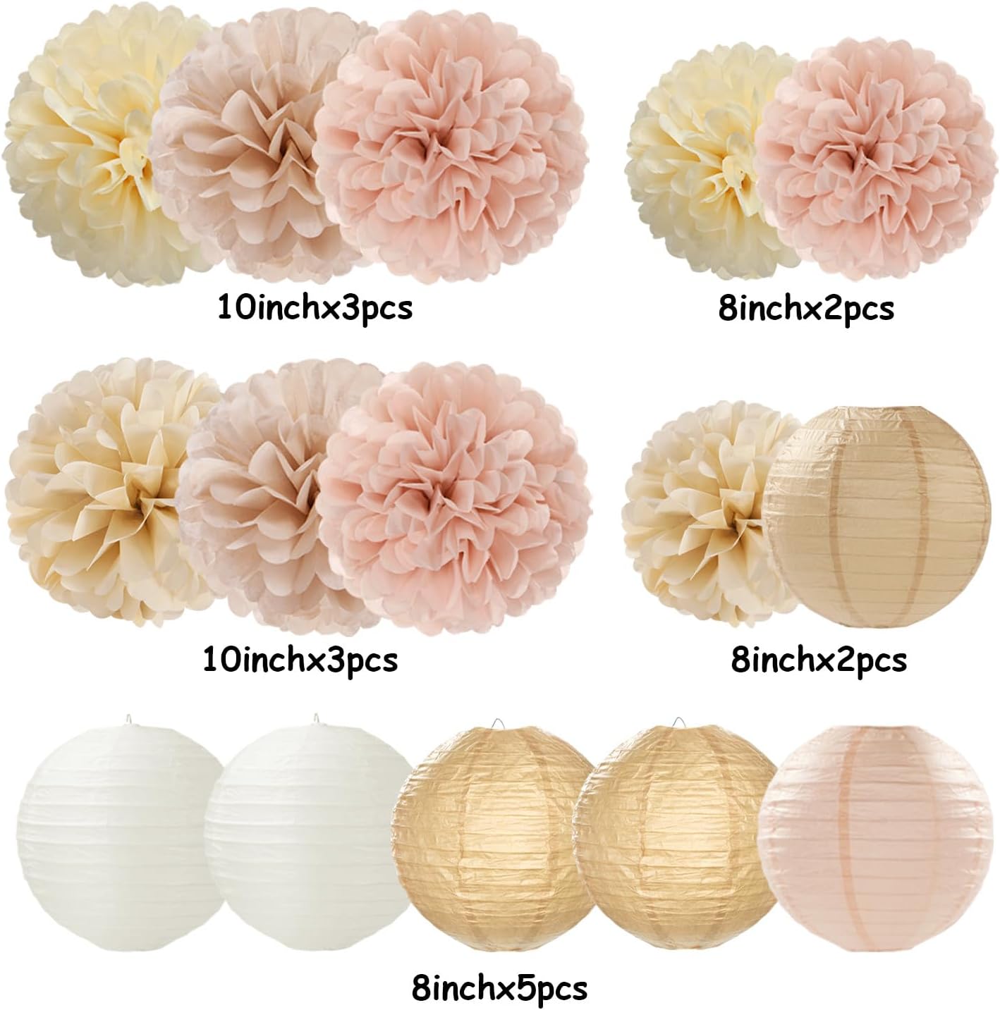 Champagne-Gold White Party-Decorations Paper-Flowers Lanterns - 15PCS Boho Fall Rustic Tissue Pom Poms Streamers,Wedding Baby Bridal Shower Neutral Autumn Birthday Hanging Supplies Decor Hugfond - Image 6