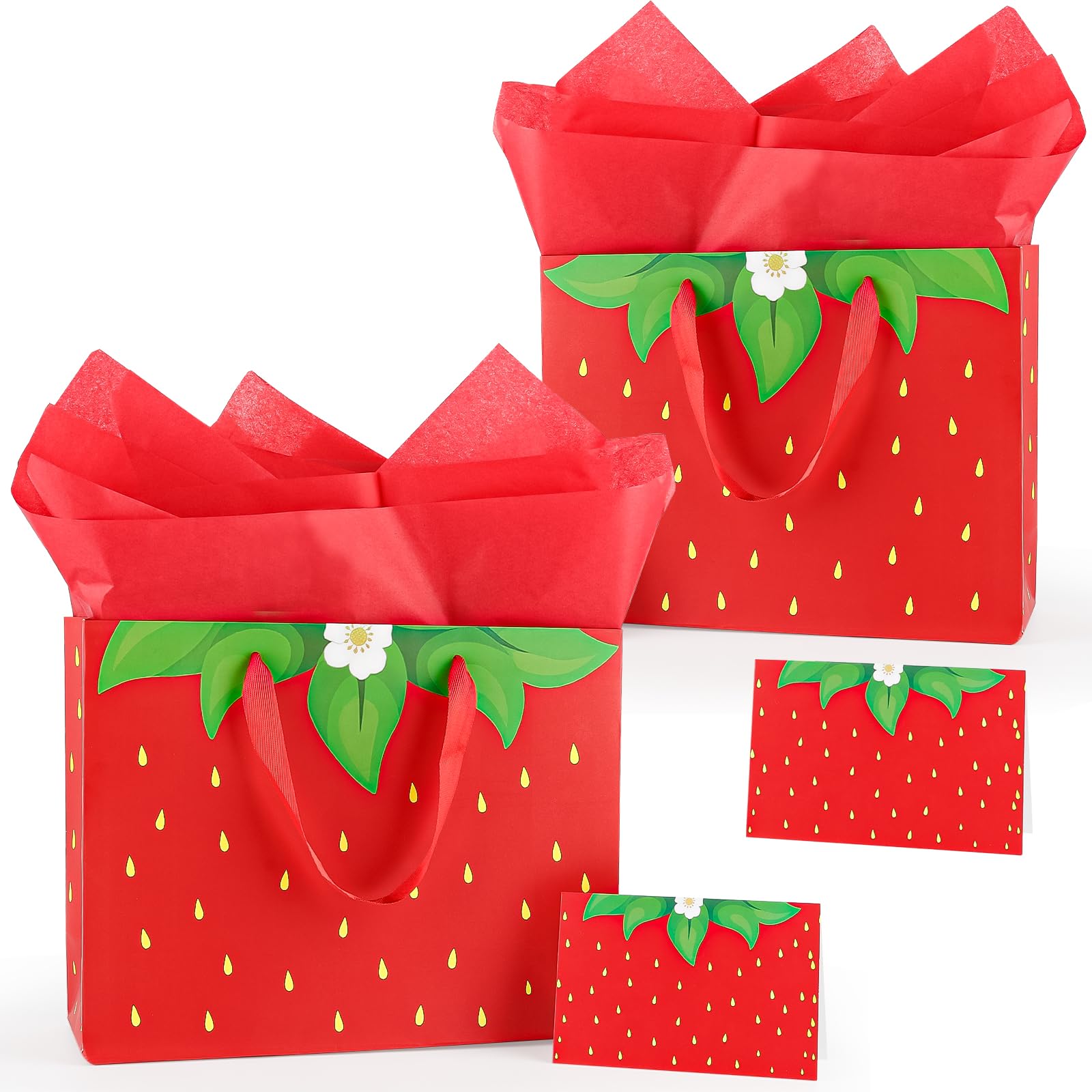 Large Strawberry Print Gift Bags for Presents, Strawberry Themed Gift Bags with Handles for Birthday, Bridesmaid, Baby Shower, 2 Pack Party Favor Bags with Greeting Cards (32x25cm)