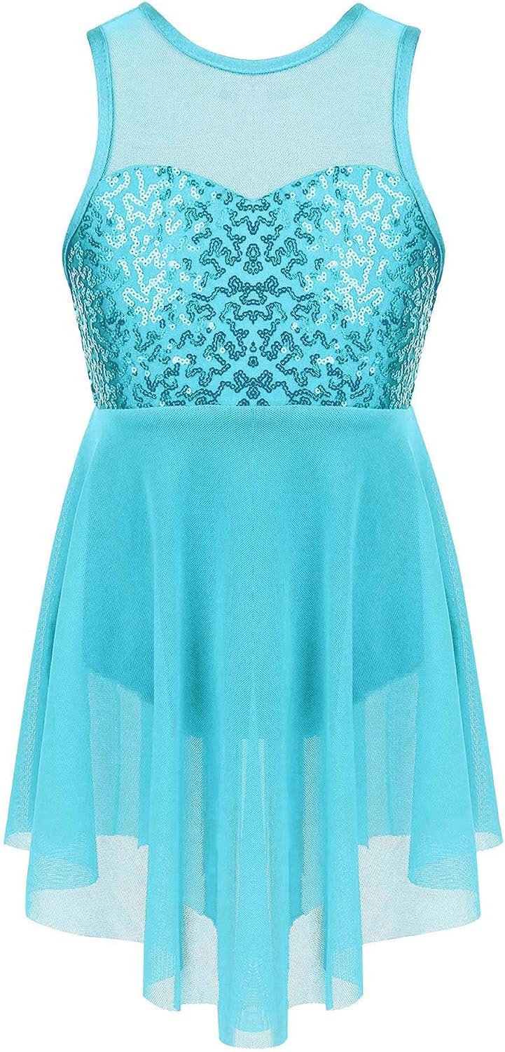Hansber Girls Sleeveless Shiny Sequins Illusion Sweetheart Criss-Cross Back Irregular Hem Lyrical Dance Dress