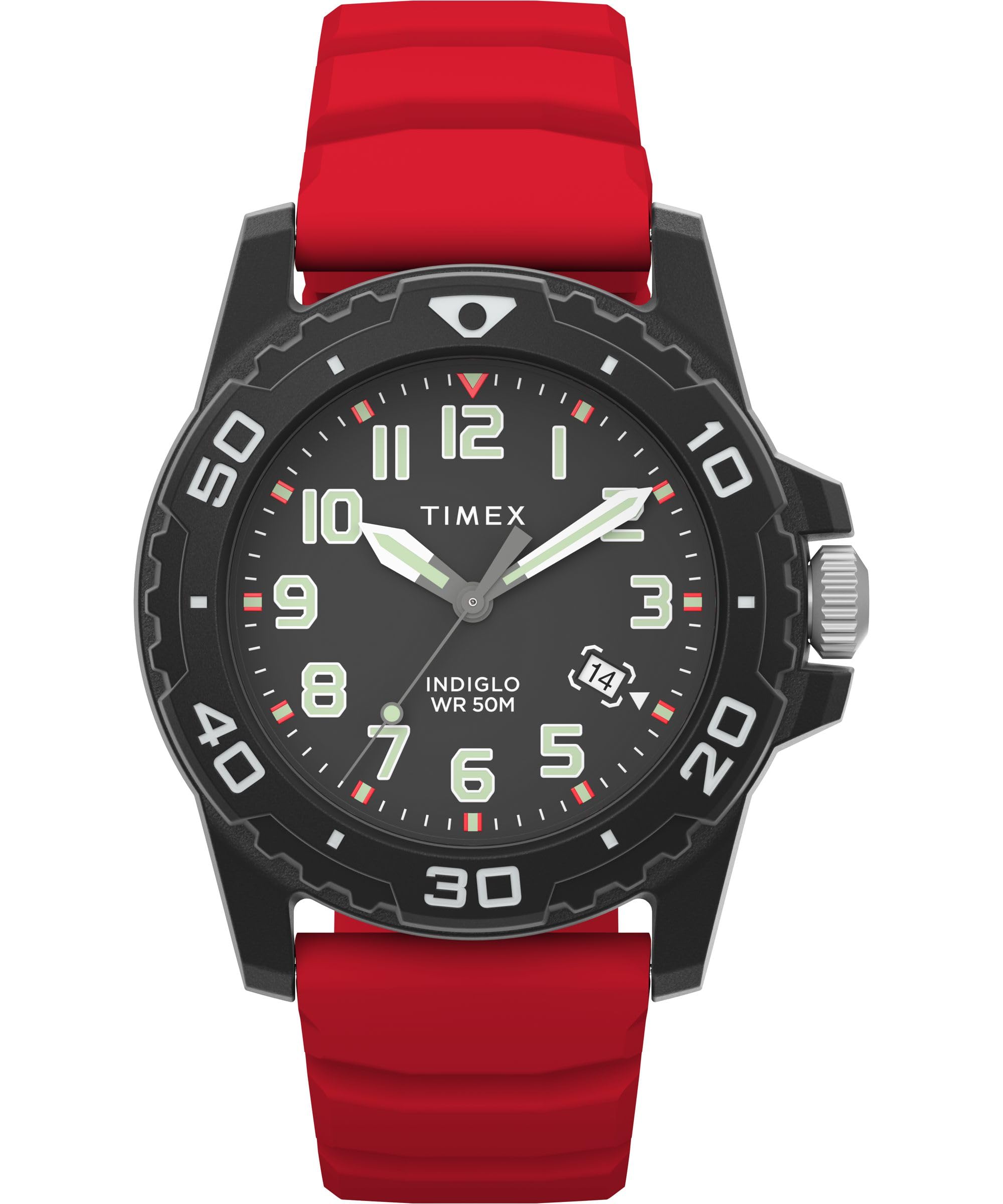 Timex Orologio Subacqueo Uomo 42 Mm – Cassa In Resina Nera, Quadrante Nero, Cinturino Silicone Rosso, Datario, INDIGLO®