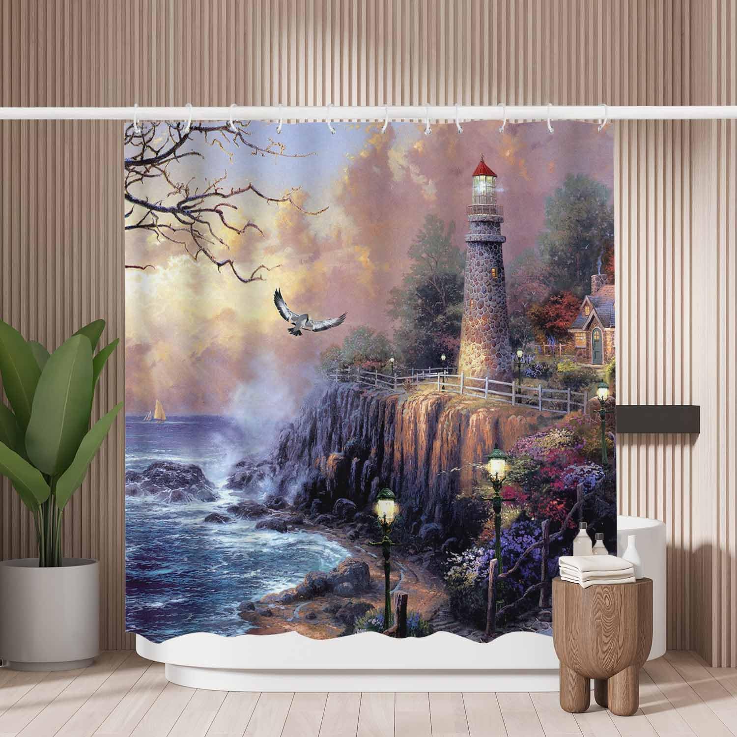 Woutay Shower Curtain Mould Proof Resistant Seaside Lighthouses and Cabins Painting,Water Repellant Fabric,Polyester,with 12 Plastic Hooks,Size 180x180CM
