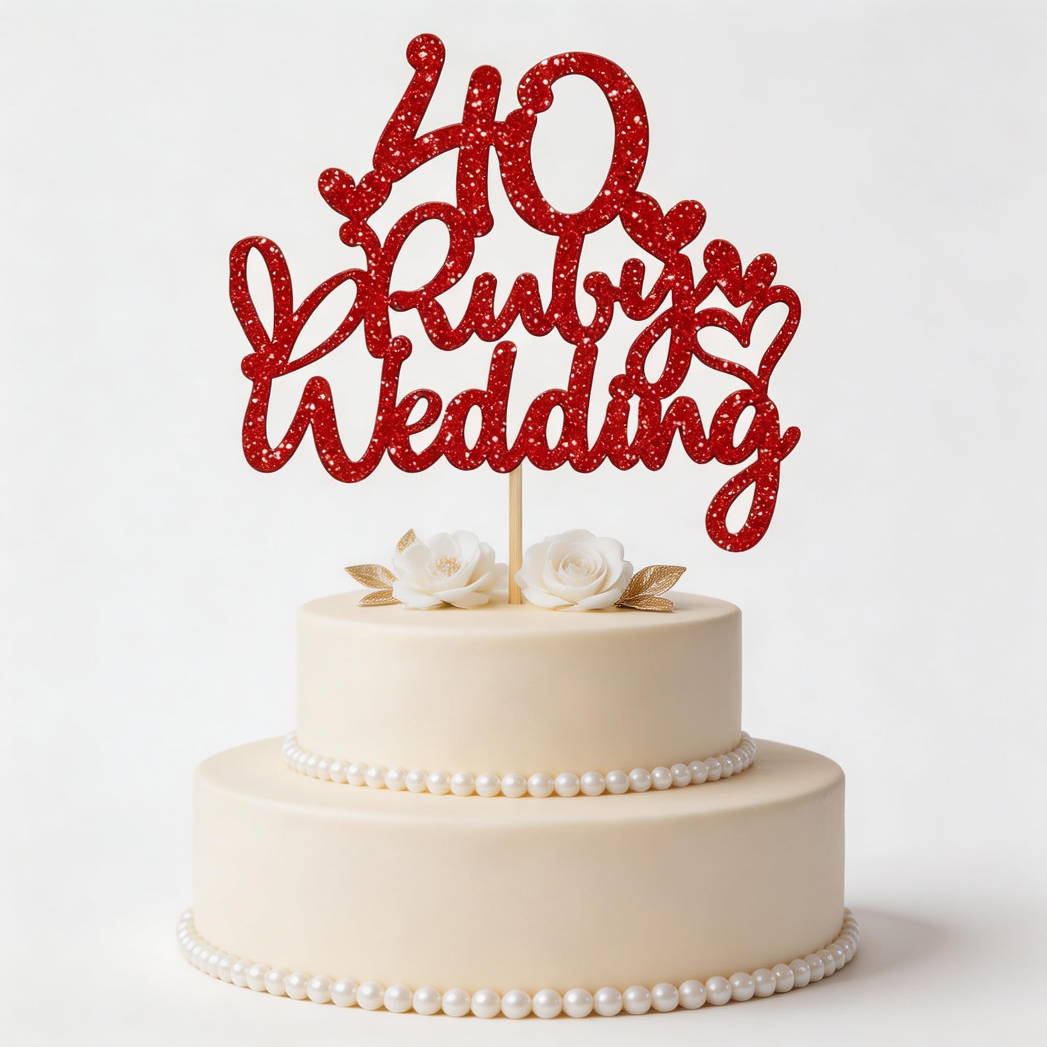 1Pcs 40th Wedding Anniversary Cake Toppers, Red Glitter 40th Wedding Anniversary Heart Cake Decoration for Celebration Party Supplies
