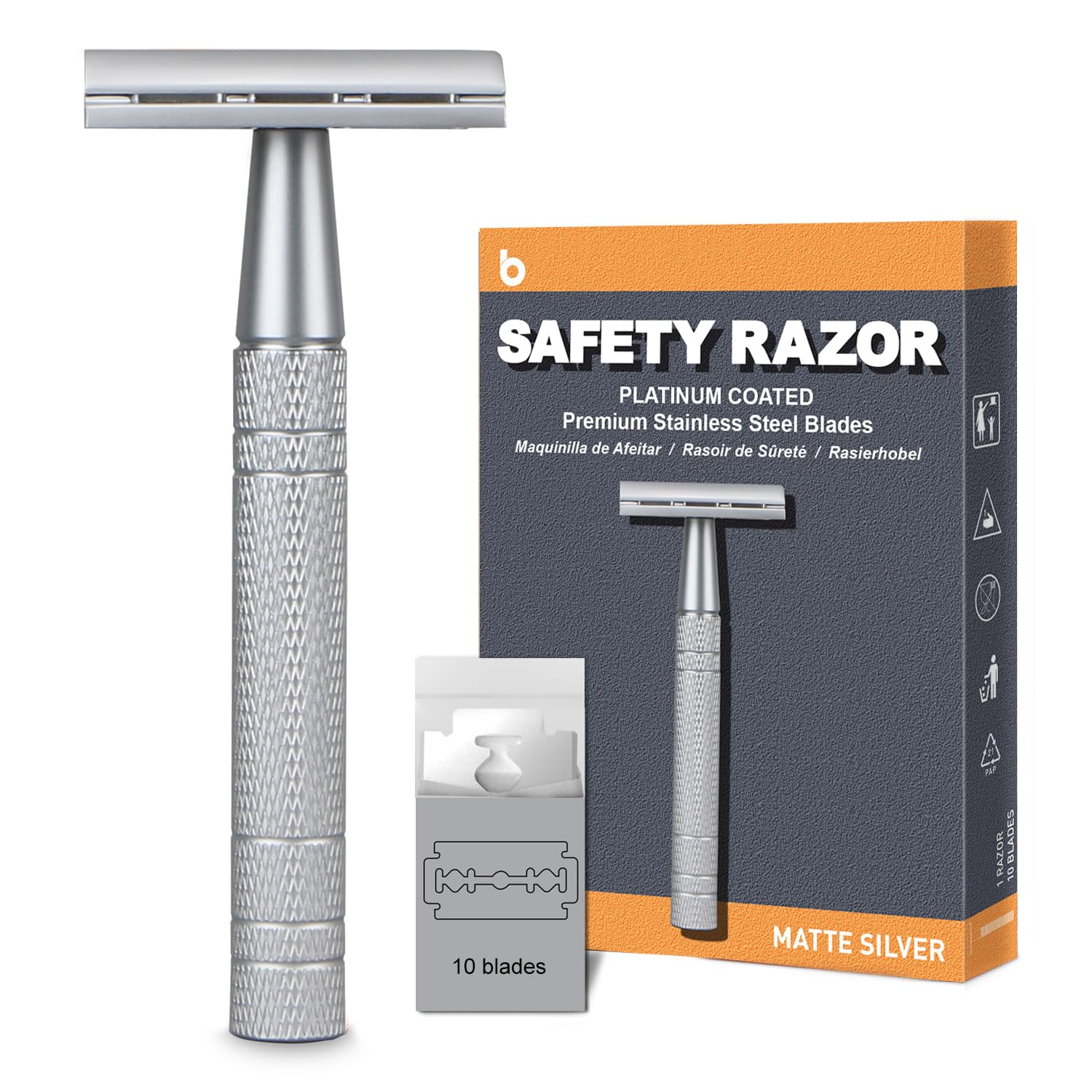 Double Edge Safety Razor, Single Blade Razors for Men and Women, with 10 Double Edge Blades, Reusable Metal 1 Blade Razor, Eco-Friendly, Zero Waste, Smooth and Close Shave, Matte Silver Matte Silver Razor