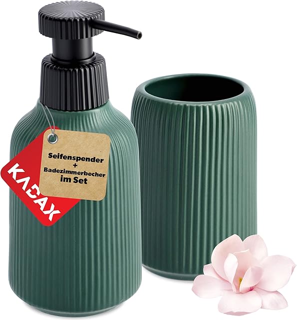 KADAX Akcesoria łazienkowe, zestaw ceramicznych kubków łazienkowych, dozownik mydła, szczotka do WC, zestaw akcesoriów łazienkowych, zestaw wyposażenia łazienki (zielony, 2)