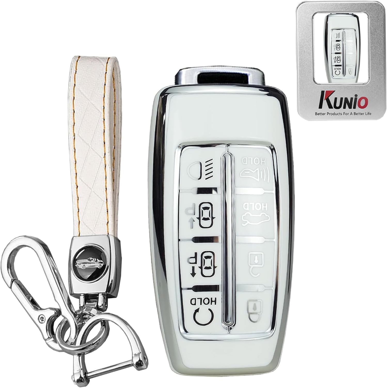 KUNIO For Genesis TPU Car Key Fob Cover Case Fit for Hyundai Genesis GV70 GV80 GV90 2023 2024 G60 G70 G80 G90 Key Protective Cover Keychain Key Holder Accessories 8 Button B White