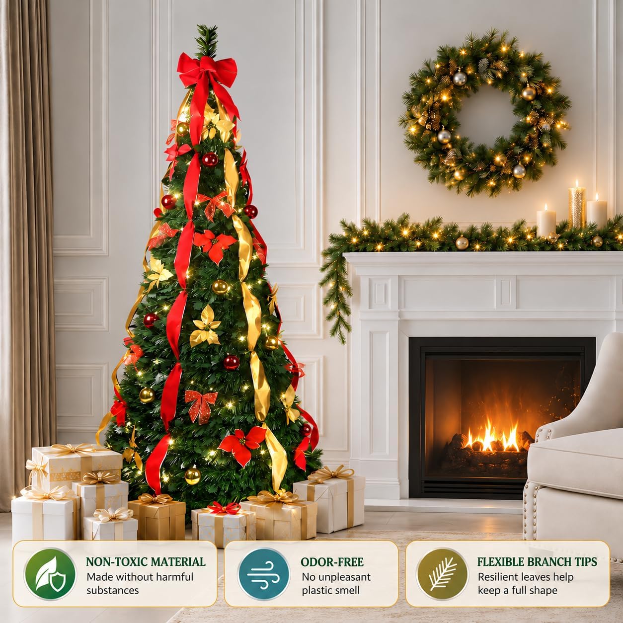7.5Ft Prelit Pop Up Christmas Tree Decoration, Collapsible Artificial Xmas Tree with 200 Warm Lights, Pre Decorated Popup Christmas Trees, Foldable Xmas Trees for Holiday, Party Decoration