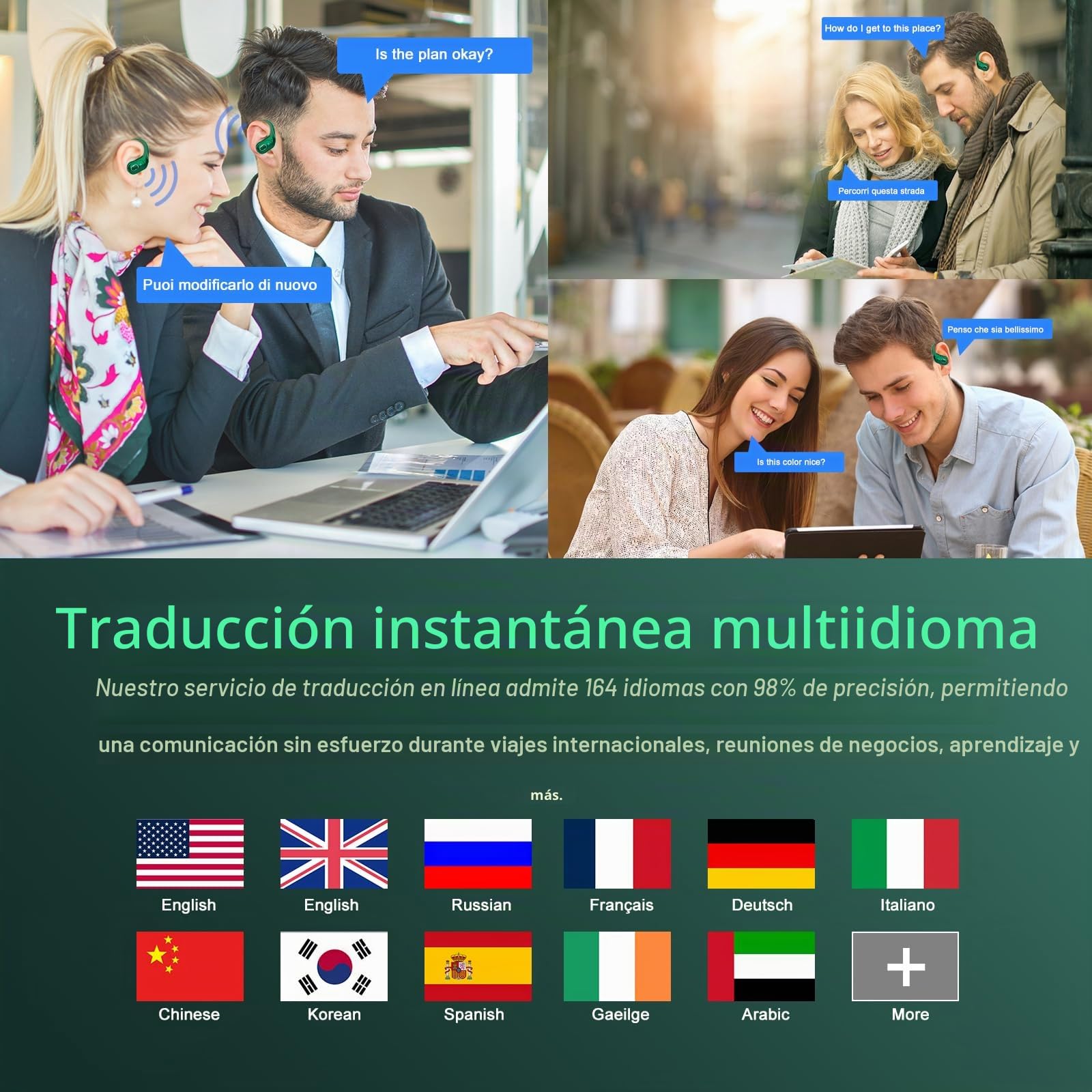 AI Auriculares Traductor en Tiempo Real(2026), 164 Idiomas y 6 Modos de Traducción, 3 in 1 AI Auriculares Traductor, Bluetooth 5.4 con ENC y App con para Viajes/Negocios/Aprendizaje/Reunirse Verde