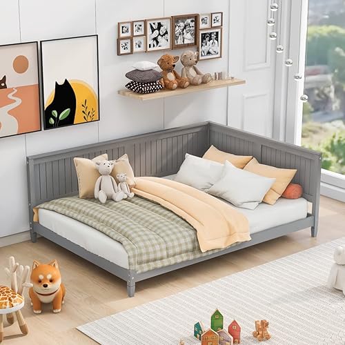Miniatura 1 de HoRunzelin Cama moderna de mediados de siglo de madera maciza con respaldo y reposabrazos, diseño clásico para niños, niñas, color gris