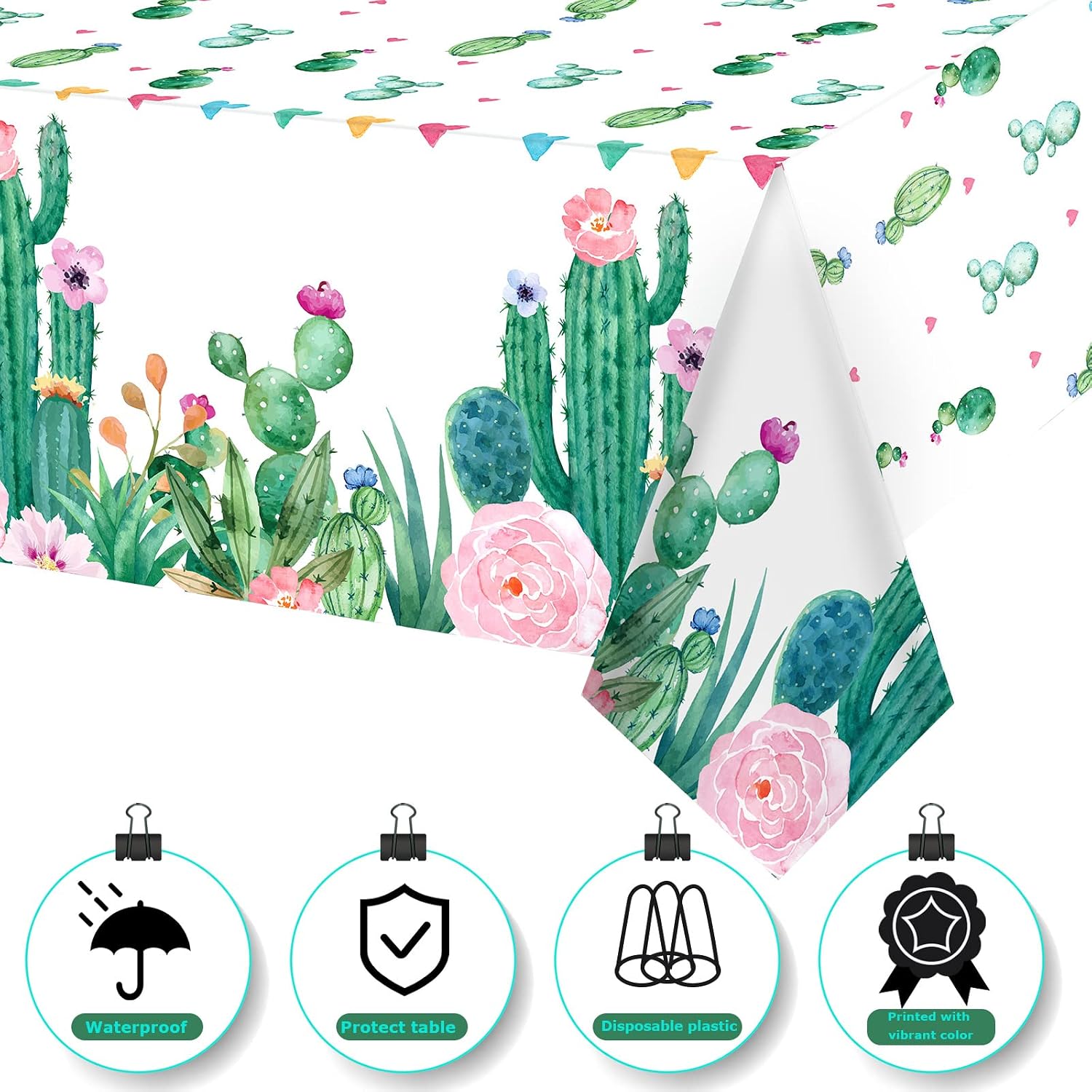 Breling 3 Piece Watercolor Cactus Tablecloth Plastic Waterproof Table Cover for Birthday Party Decorations Kitchen Dining Room Party Supply, 108 x 54 Inches