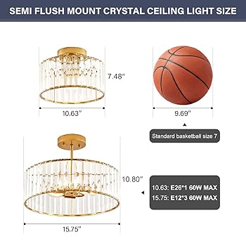 VIOLOEMI Modern Gold Semi Flush Mount Ceiling Light Crystal