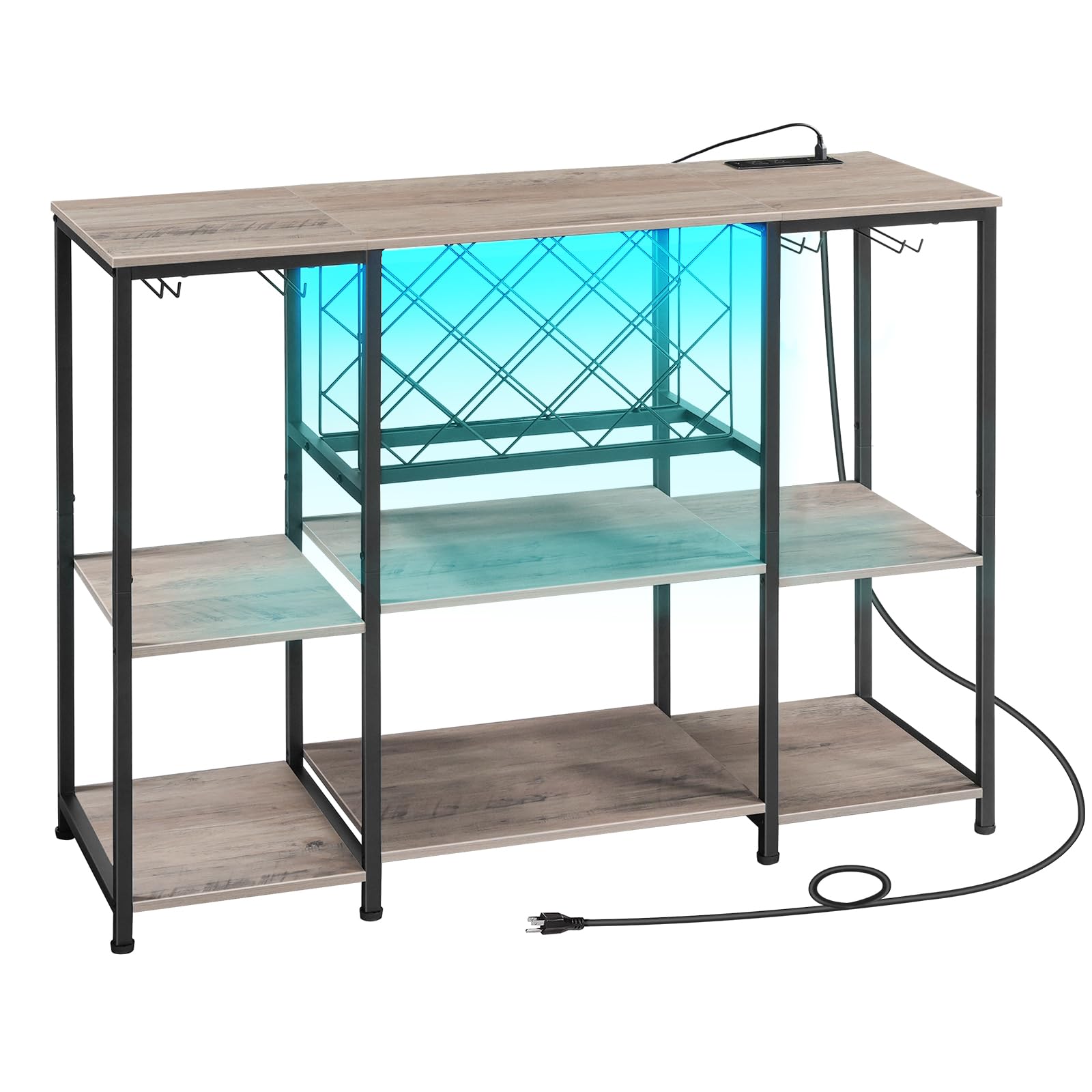 HOOBRO Wine Bar Cabinet with LED Light and Power Outlets, Wine Rack Table for Drinks and Glasses, Coffee Bar Cabinet with Wine Rack, for Kitchen, Dining Room, Greige and Black BG12UDJJ01