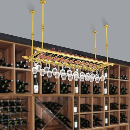 Miniatura 2 de Estante vintage para copas de vino, altura ajustable de 13.77 a 21.65 pulgadas, para colgar en el techo, soporte para botellas de vino, estante
