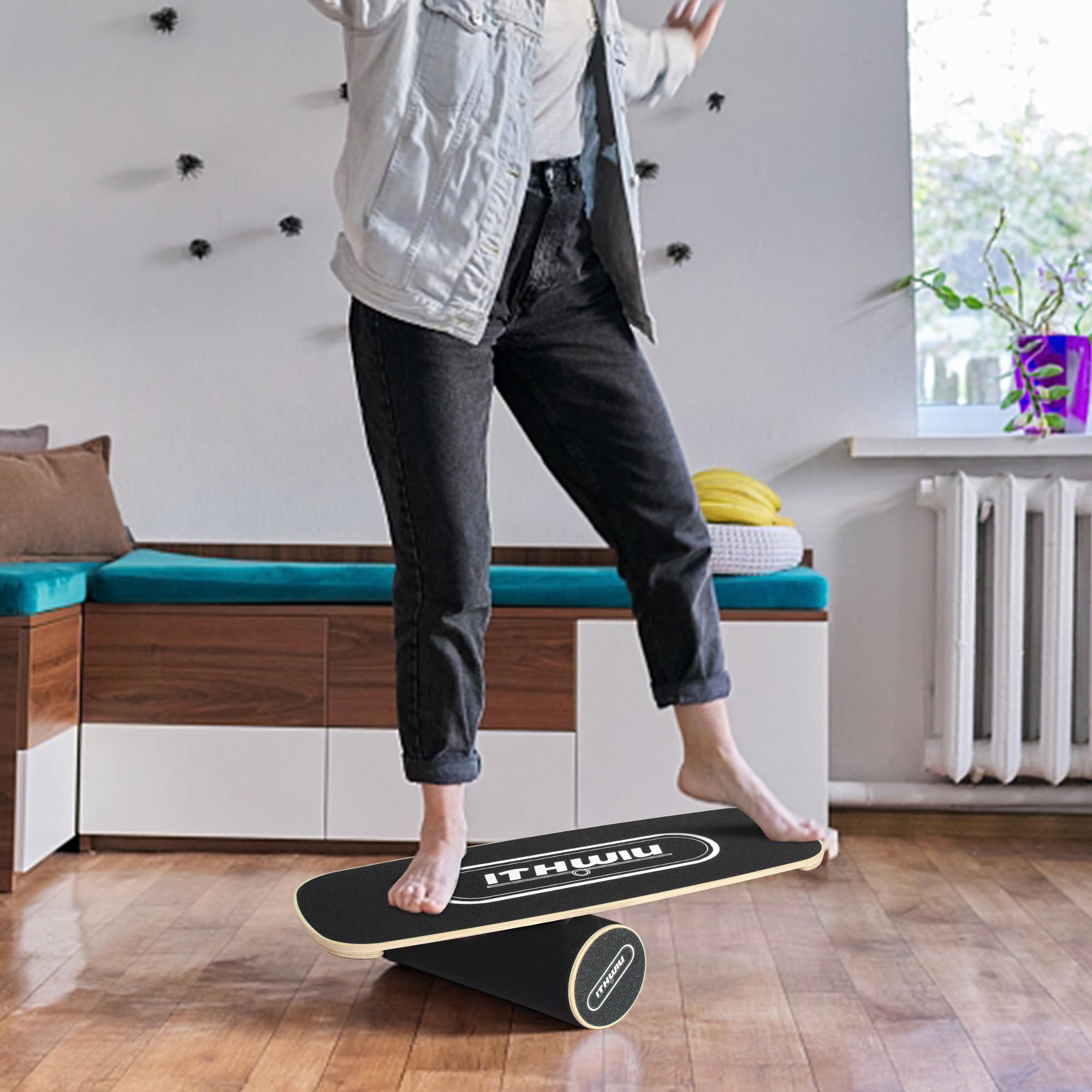 OUUTMEE Balance Board Holz Balance Ball Roller Trainer Rollbrett Balance Trainingsbrett Rutschfeste Oberfläche Körperkontrolle Balance Exerciser Schwarz