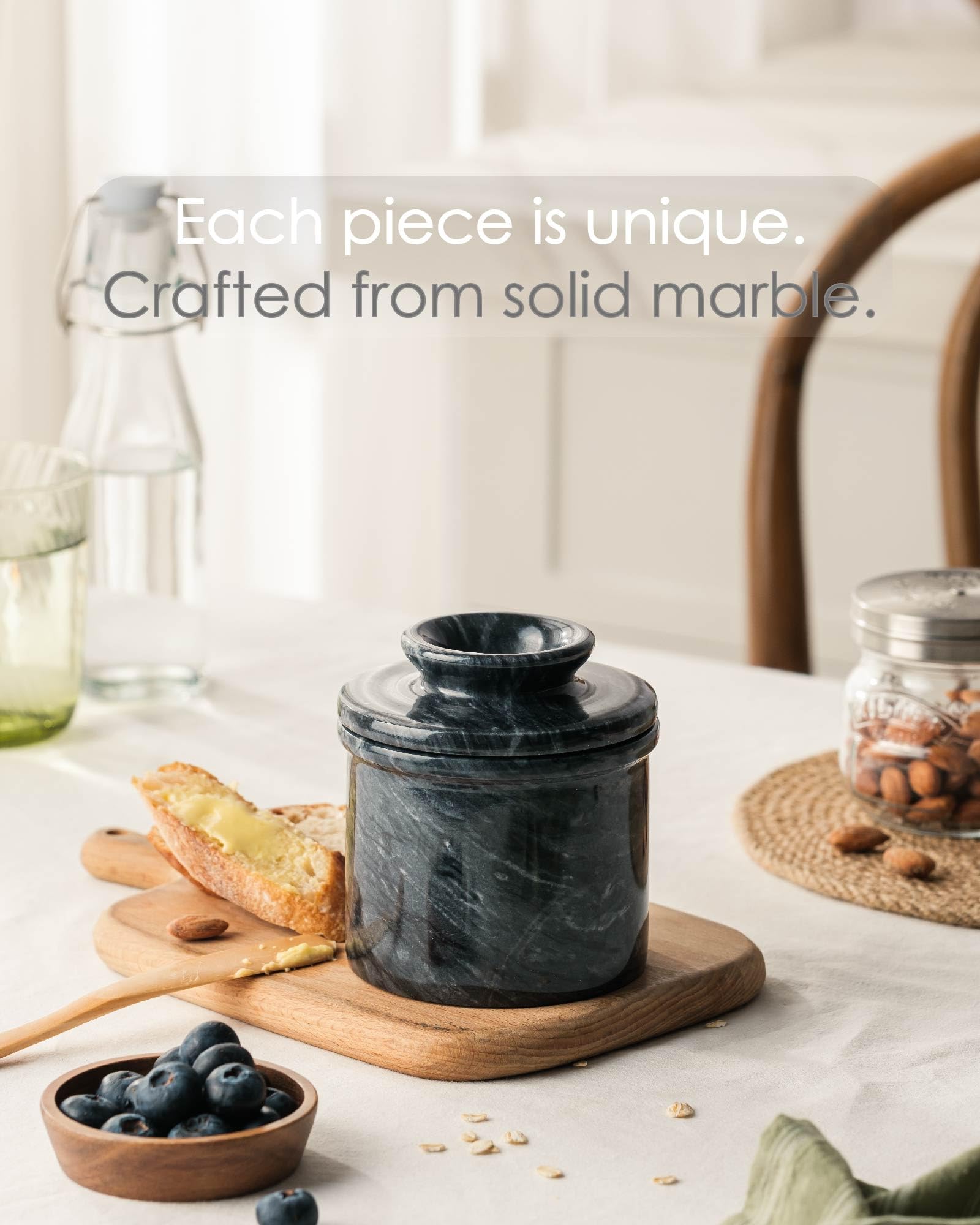 Jersinwei Marble Black Butter Keeper Crock, Handmade French Butter Crock with Water Line for Spreadable Butter,Butter Dish with Lid for Counter-Black Mist