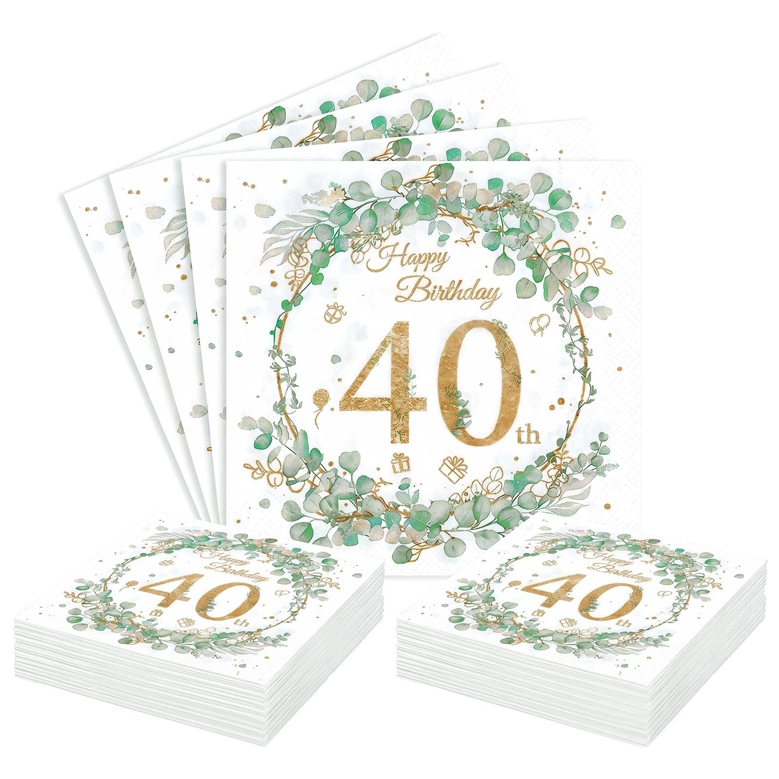 40th Birthday Paper Napkins, 40Pcs Sage Green 40th Birthday Decorations, 2-ply Disposable Eucalyptus Wreath 33x33cm Party Serviettes Napkins for Women Her Party Decorations