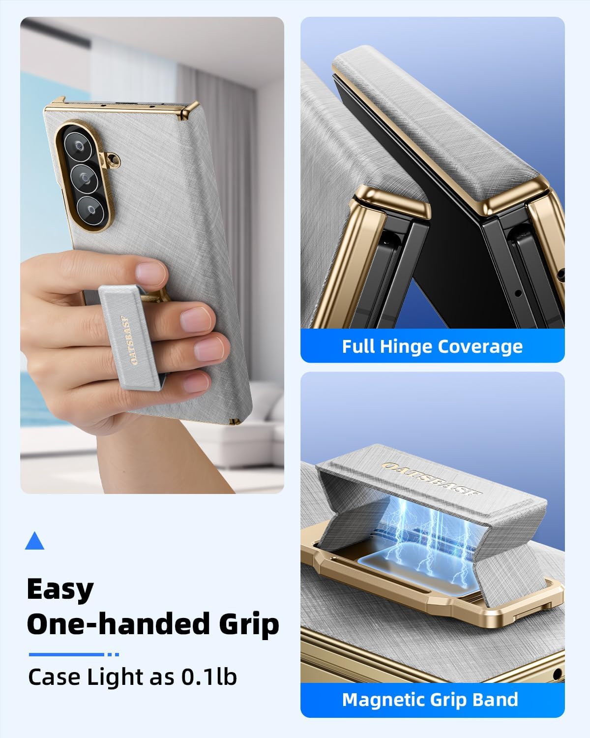 OATSBASF Grip for Samsung Galaxy Z Trifold Phone Case, with 360° Rotatable Kickstand & Magnetic Wristband, Drop-Proof Leather & Metal Cover, Silver