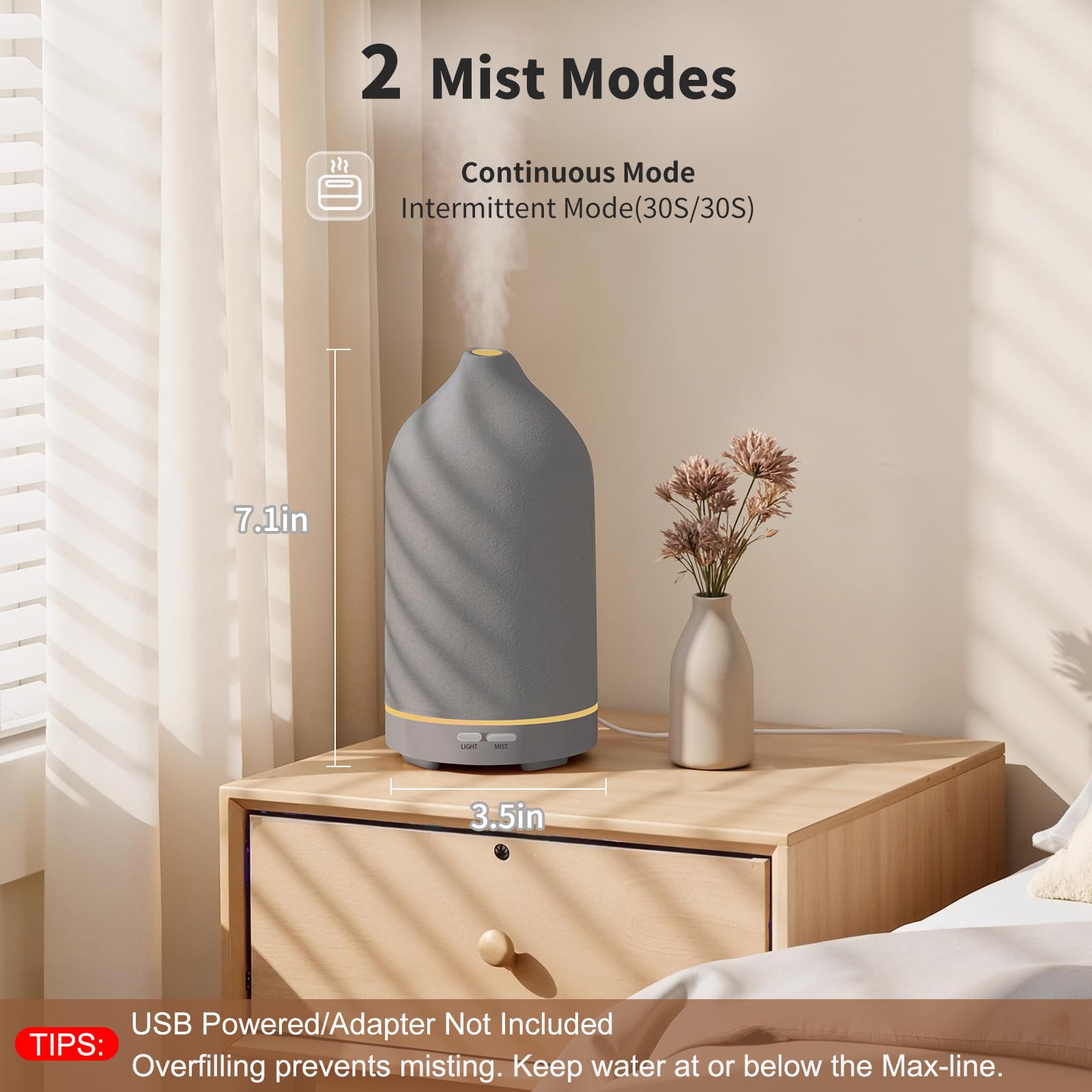 URPOWER Difusor de aceite esencial de 120 ml, difusor de aromaterapia, máquina de aceite con elegante diseño de cerámica gris, humidificador ultrasónico de niebla fría con 7 luces LED, apagado