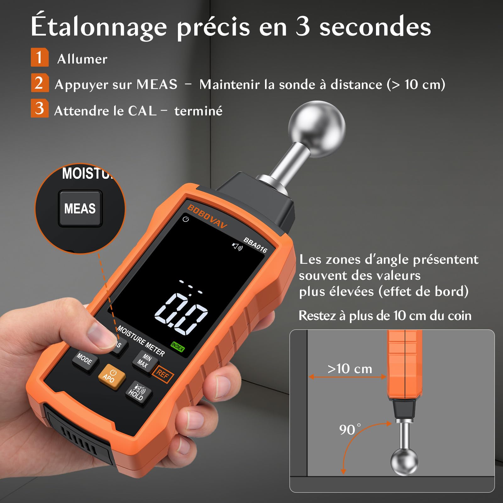 Testeur Humidité BOBOVAV Humidimètre Mural Avec Capteur Sphérique Non-destructif Détection De 5 À 40 Mm 5 Modes Avec Alarme Sonore, Fonction REF Pour Tous Matériaux Murs Bois