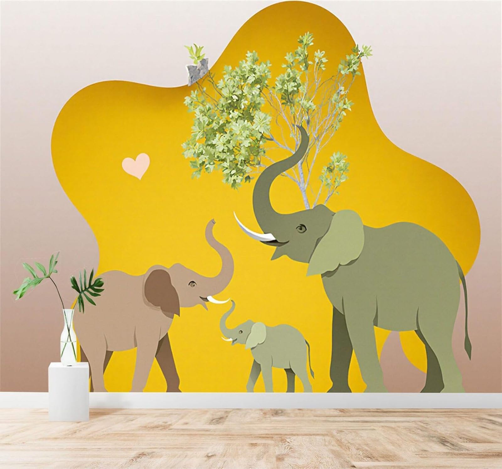 XLMING Creative Elephant Family Green Trees Heart Shape Art Illustration 3D Wallpaper Silky Texture Home Study Office Grey Dining Room Sofa Bedroom Living Room TV Backdrop-400cm×280cm