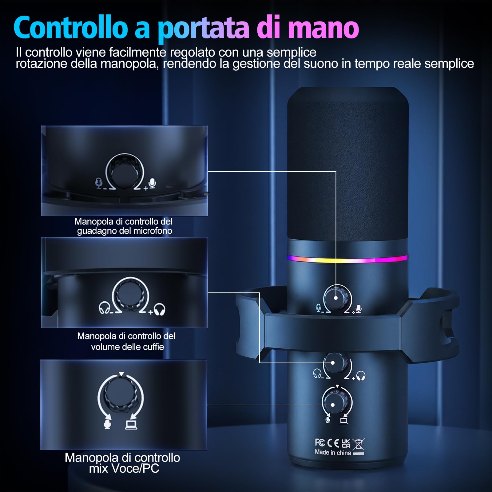 Microfono da Gaming XLR/USB con Braccio Articolato, Microfono Dinamico con Funzione di Silenziamento One-Touch, Controllo del Guadagno,Microfono RGB per Podcast,Streaming,Registrazione e Voce