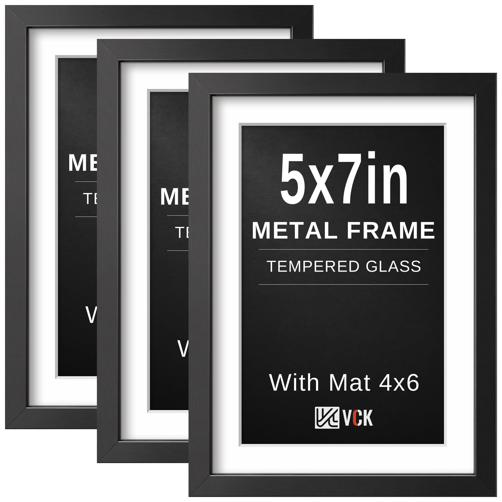 VCK 5x7 Picture Frame Black Metal, Real Glass, 4x6 Mat, 3 Pack, for Print