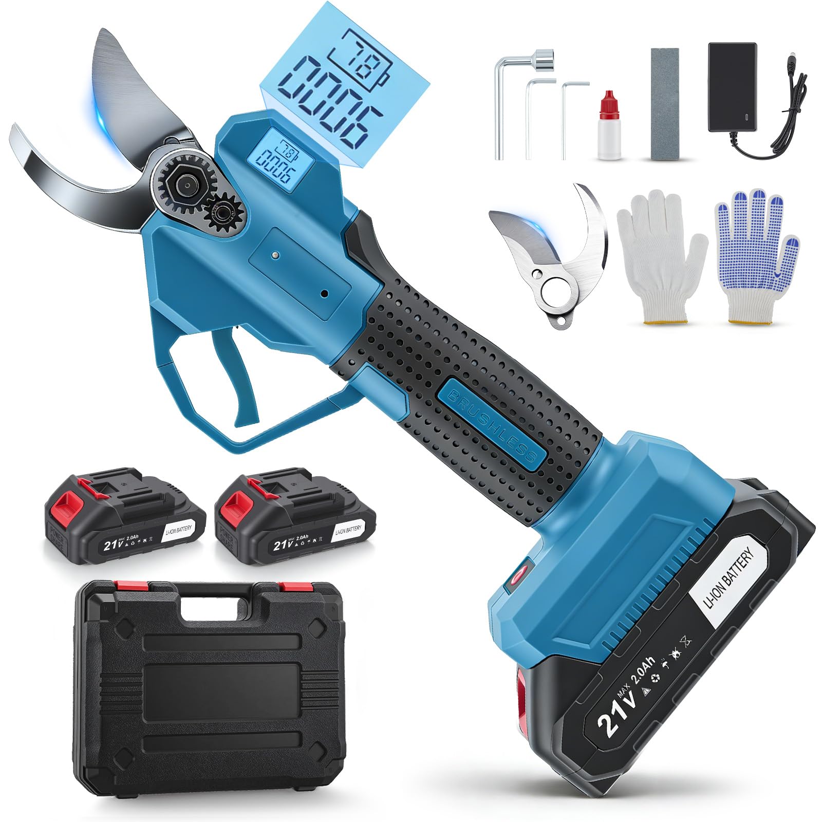 Tijeras de podar y podar con batería de 21 V, 2 en 1 con 2 x 2600 mAh, 18000 rpm, grosor de corte de 8 mm, tijeras eléctricas ligeras para setos y bordes de césped (azul)